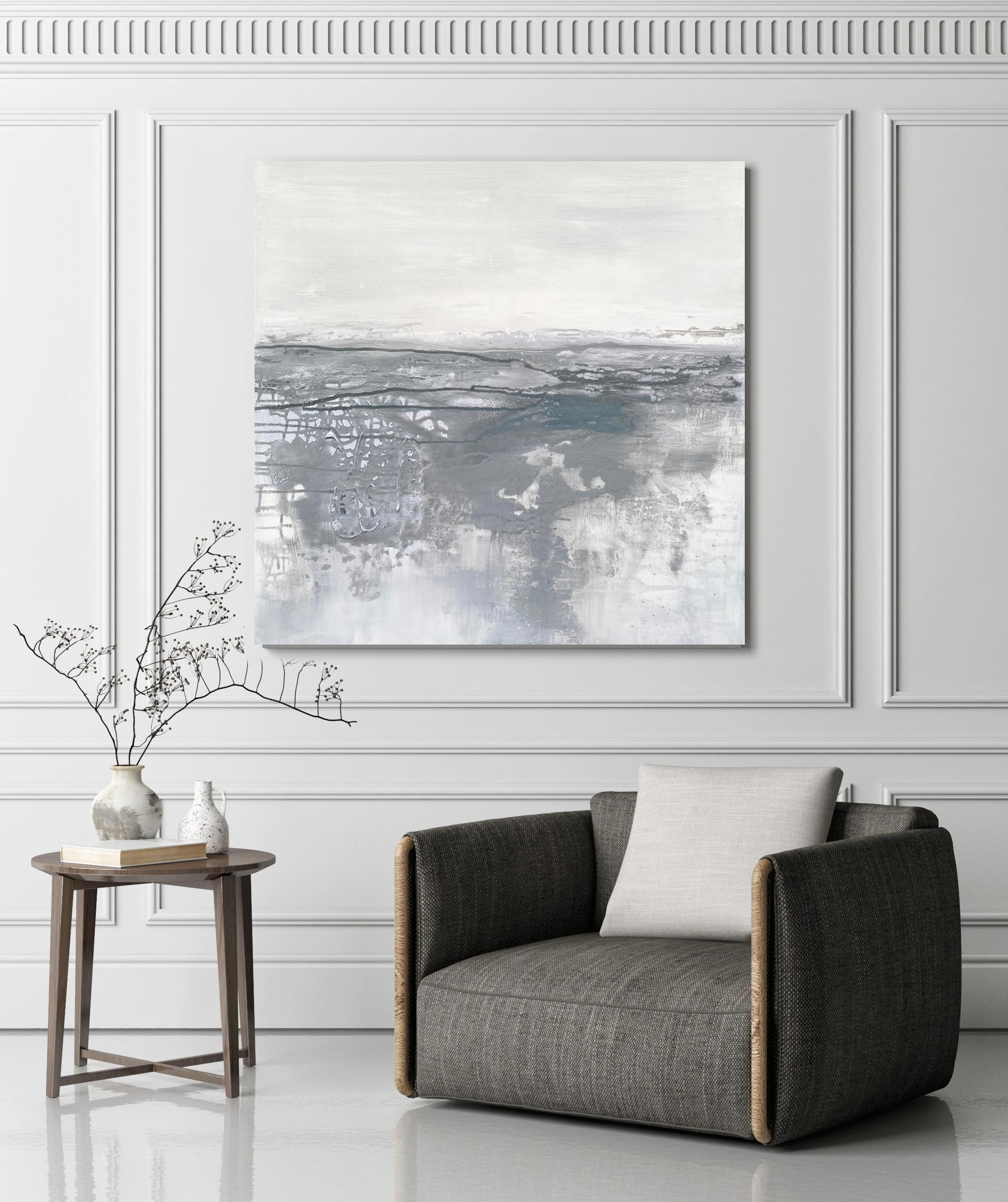 Pastel Grey minimalist abstract oceanscape painting light grey white - Painting by Kathleen Rhee