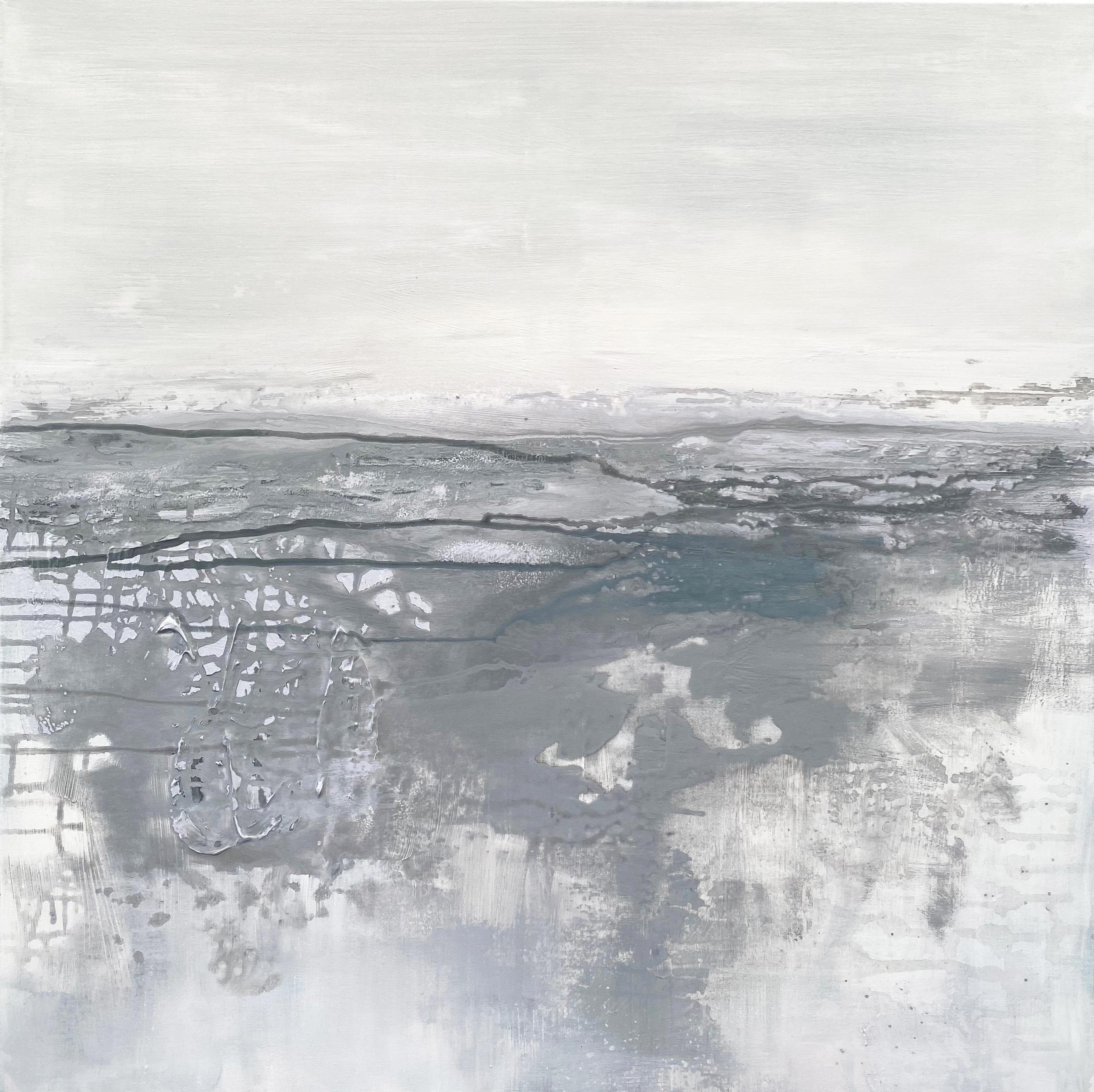 Kathleen Rhee Abstract Painting - Pastel Grey minimalist abstract oceanscape painting light grey white