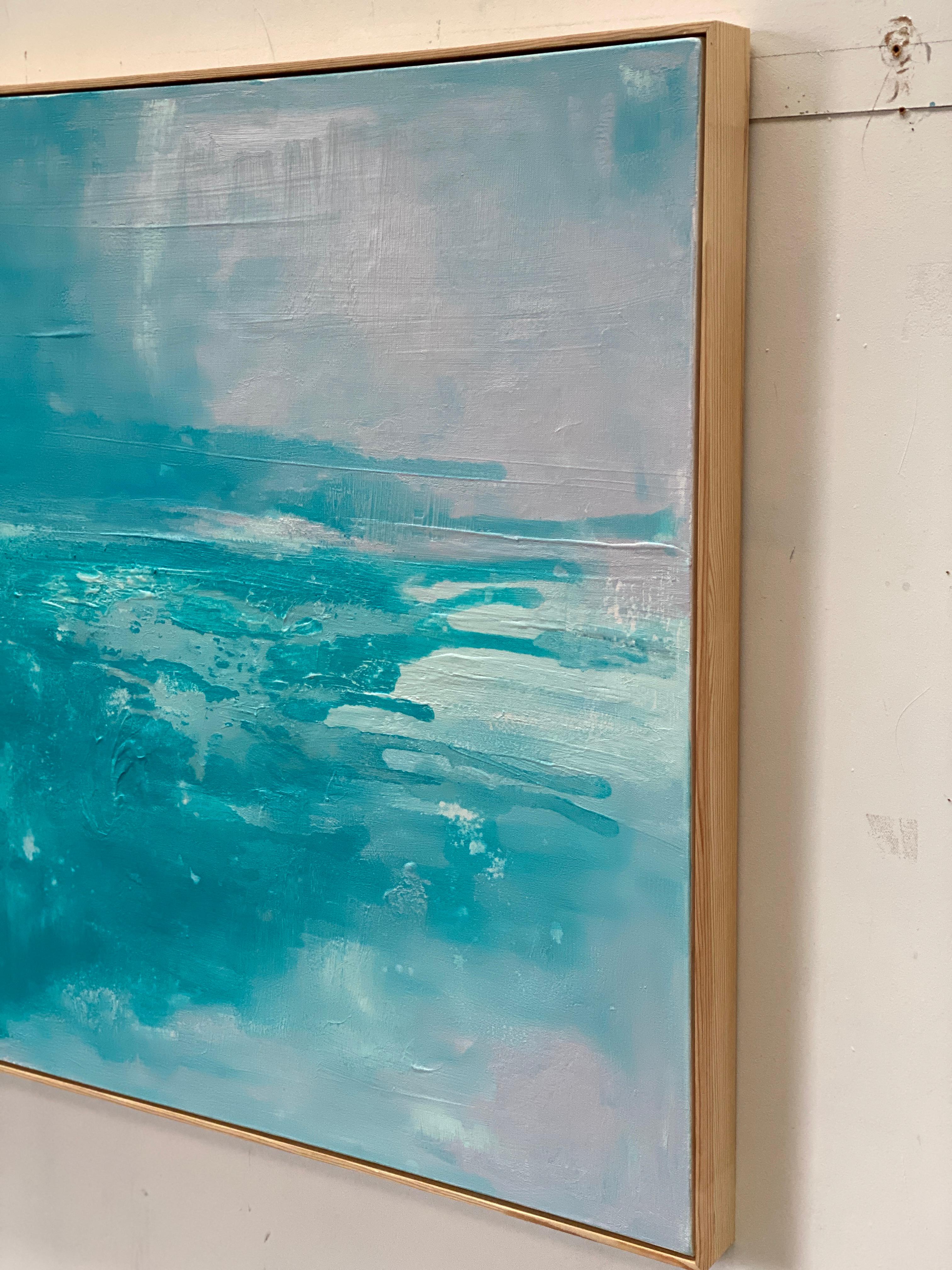 Here and Now framed original abstract expressionist landscape bright aqua blue For Sale 7