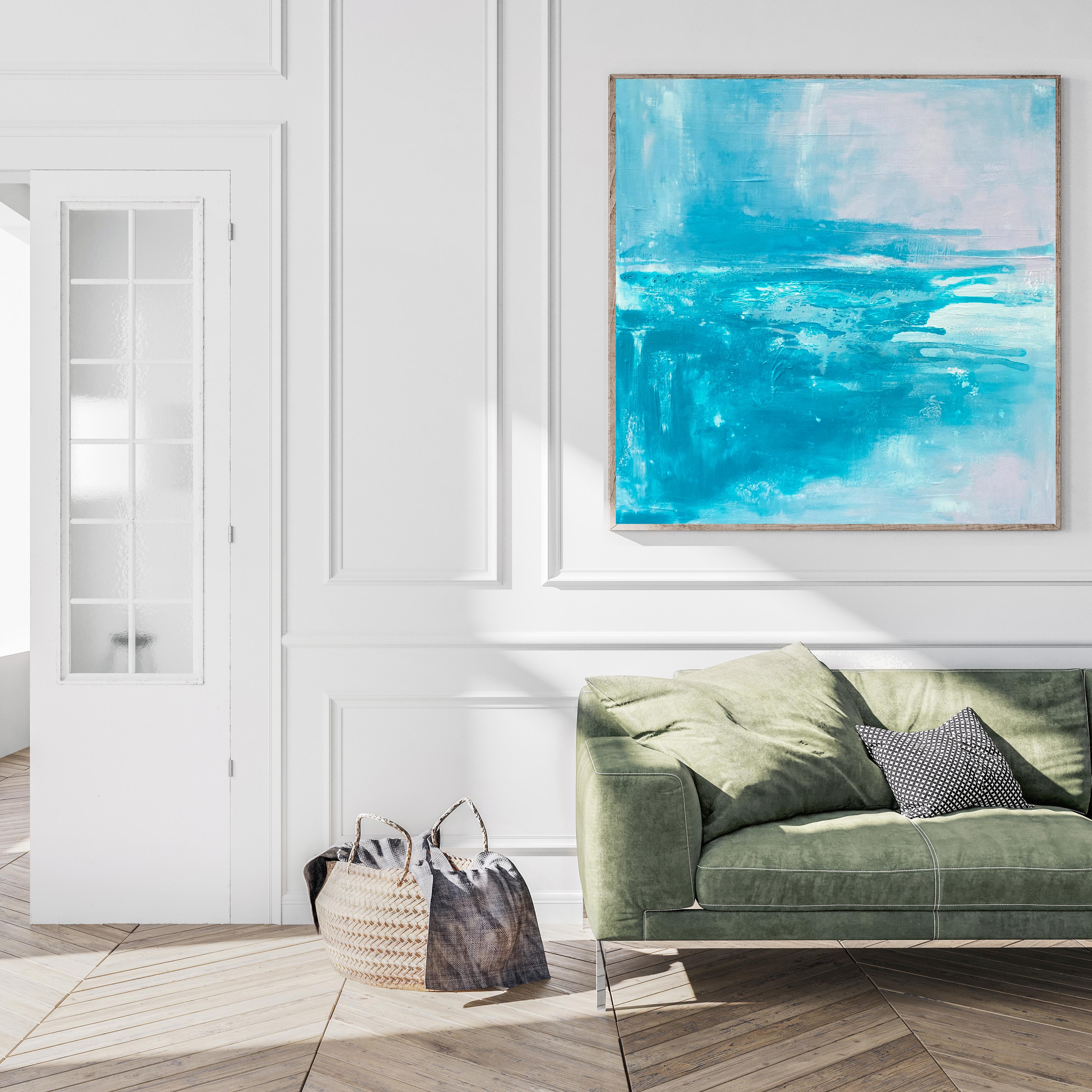 Here and Now framed original abstract expressionist landscape bright aqua blue - Painting by Kathleen Rhee