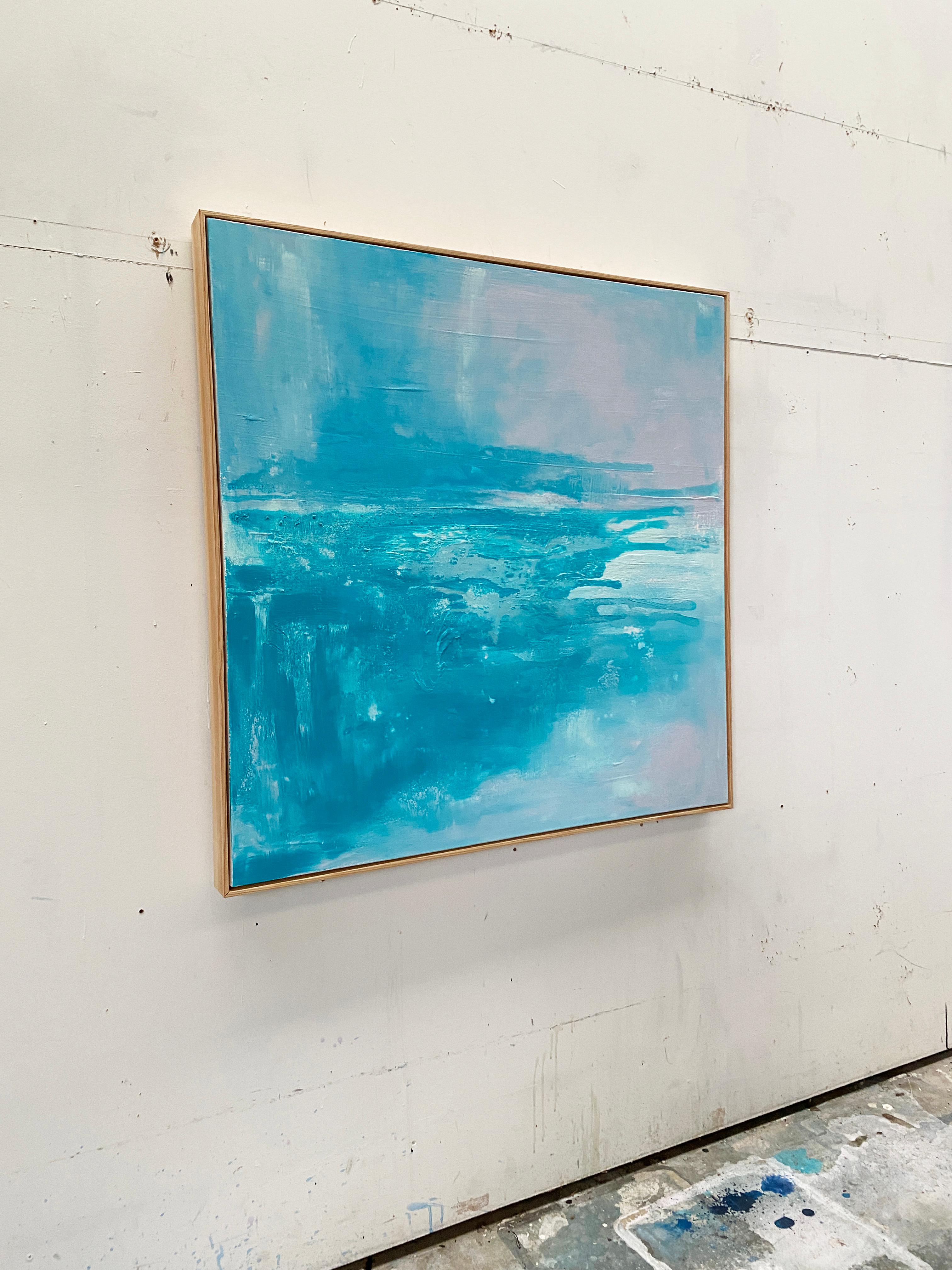 Here and Now framed original abstract expressionist landscape bright aqua blue For Sale 1