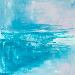 Paysage expressionniste abstrait original encadré bleu aqua vif ici et maintenant