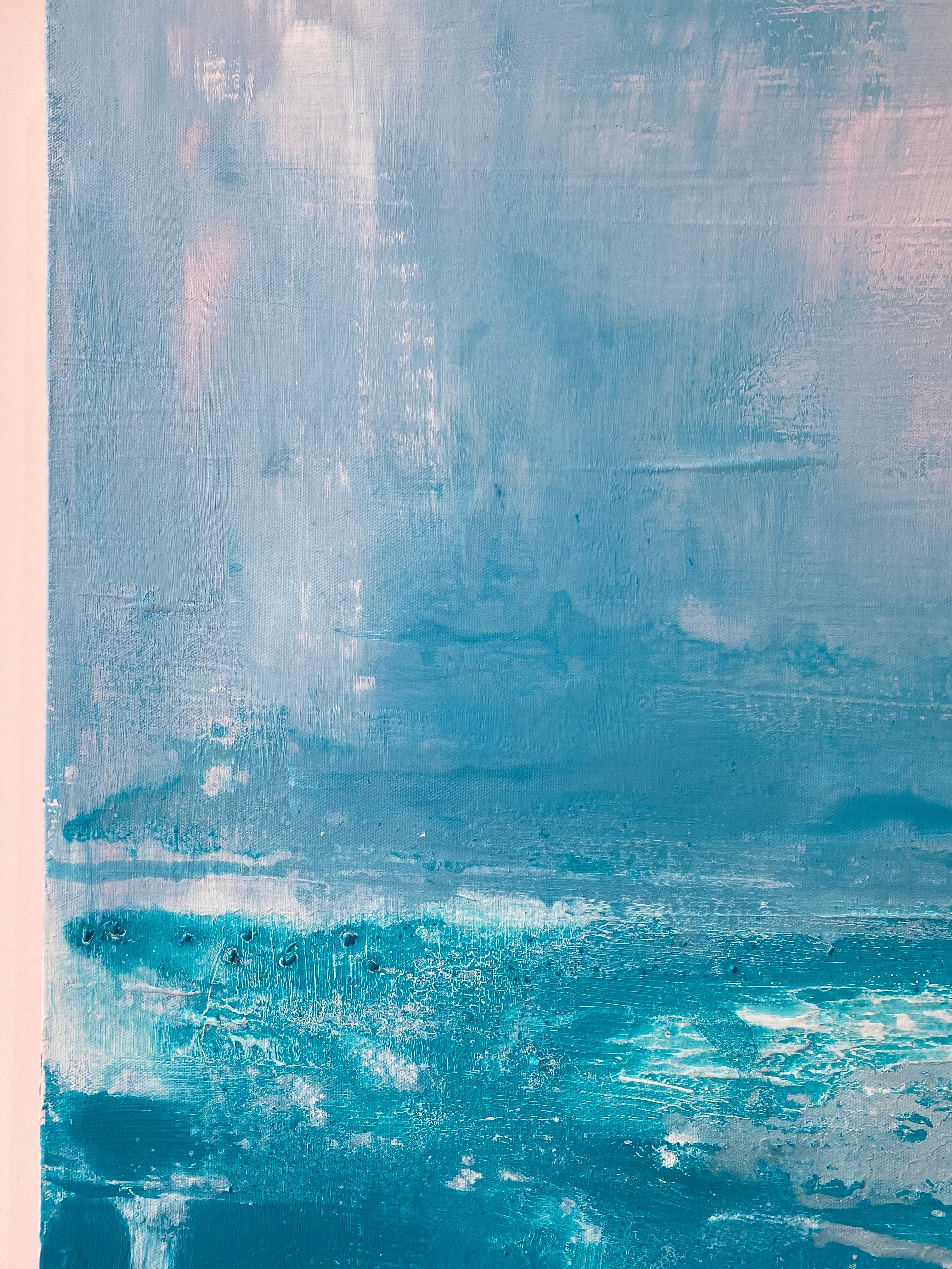 Cobalto originale paesaggio astratto impressionista pittura luminosa blu acqua grigio in vendita 6
