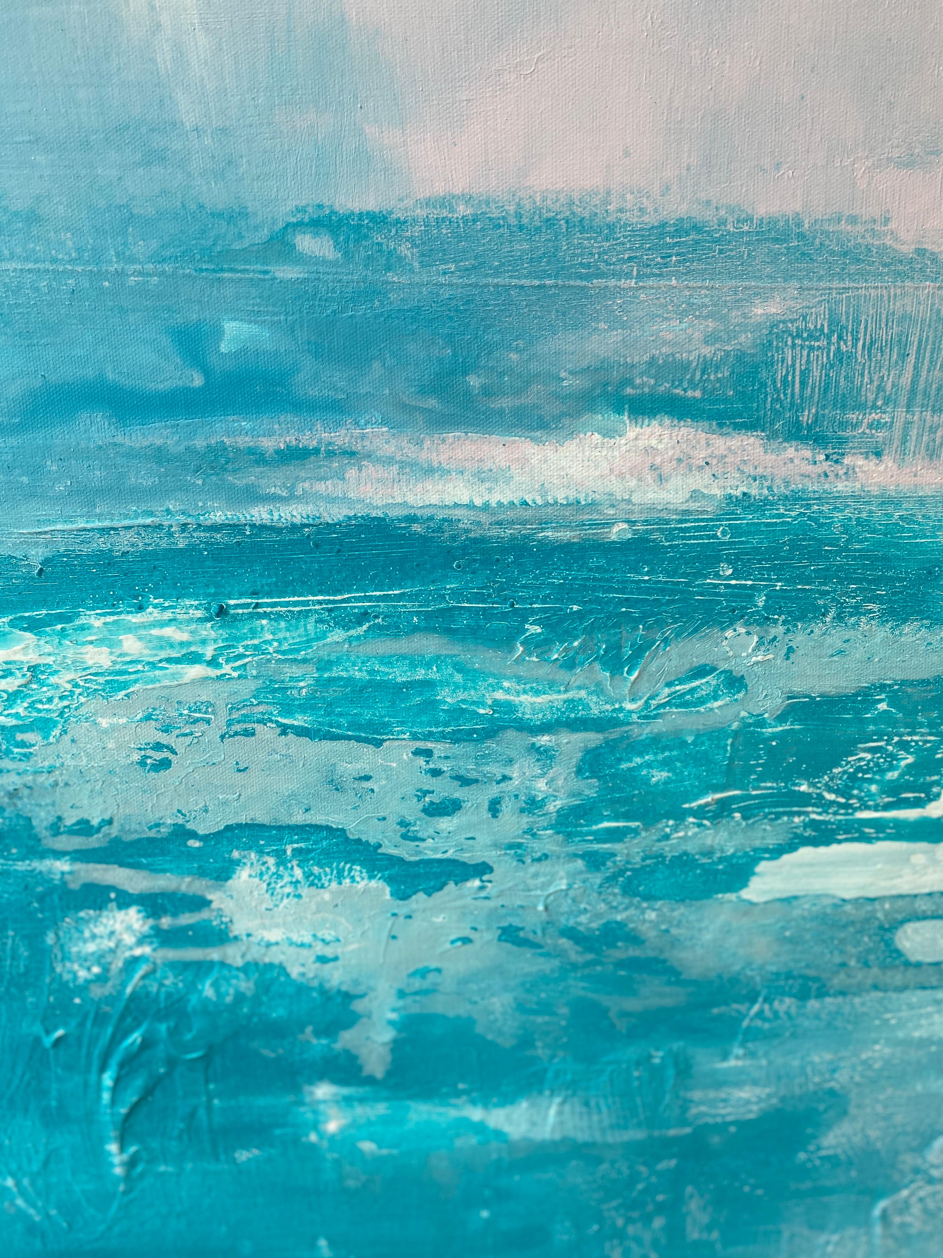 Cobalto originale paesaggio astratto impressionista pittura luminosa blu acqua grigio in vendita 7