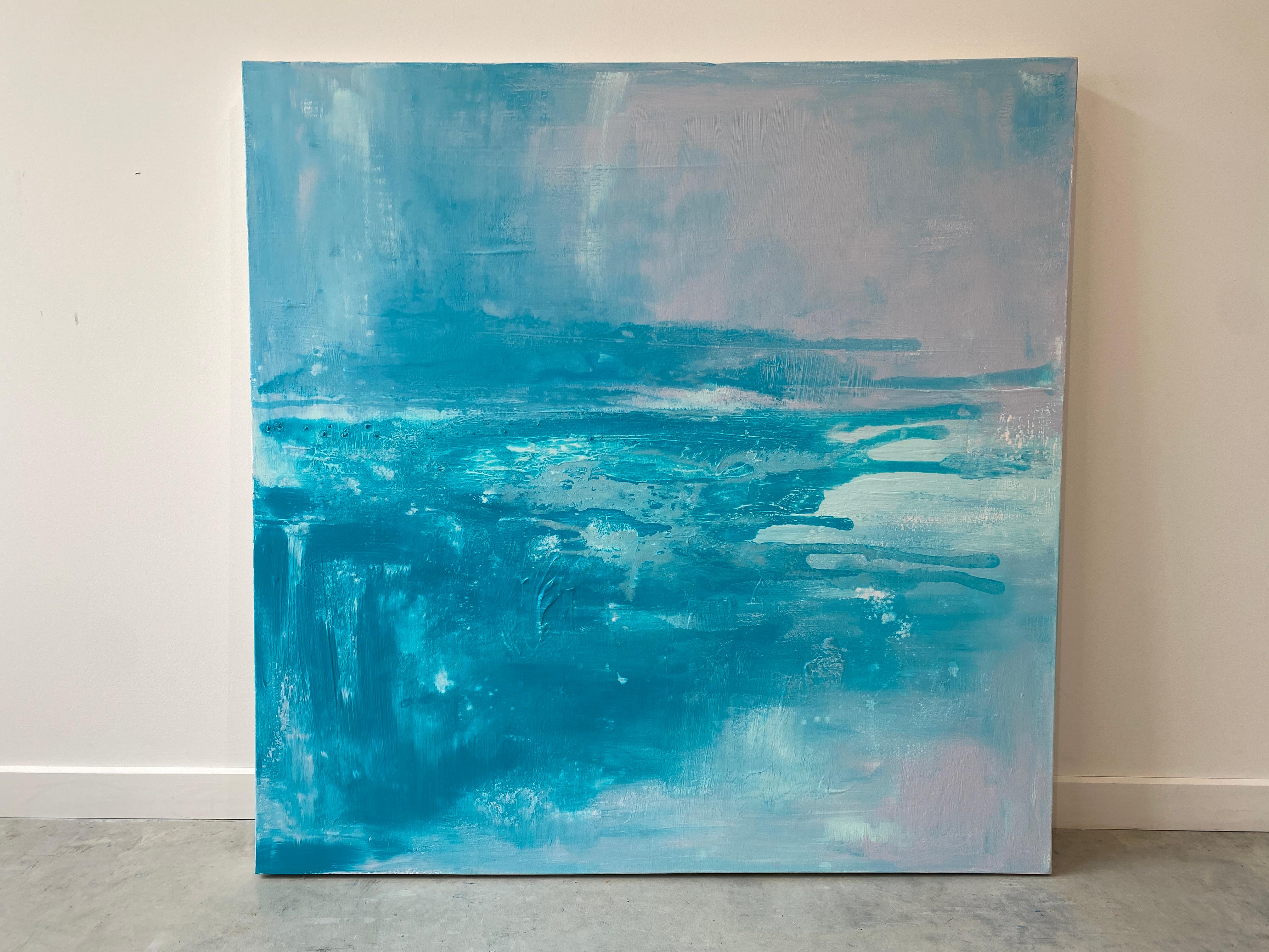 Cobalto originale paesaggio astratto impressionista pittura luminosa blu acqua grigio in vendita 2
