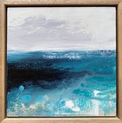 I Can Sea no1 Gerahmtes abstraktes impressionistisches Gemälde in Meeresblau, Weiß-Weiß-Grau