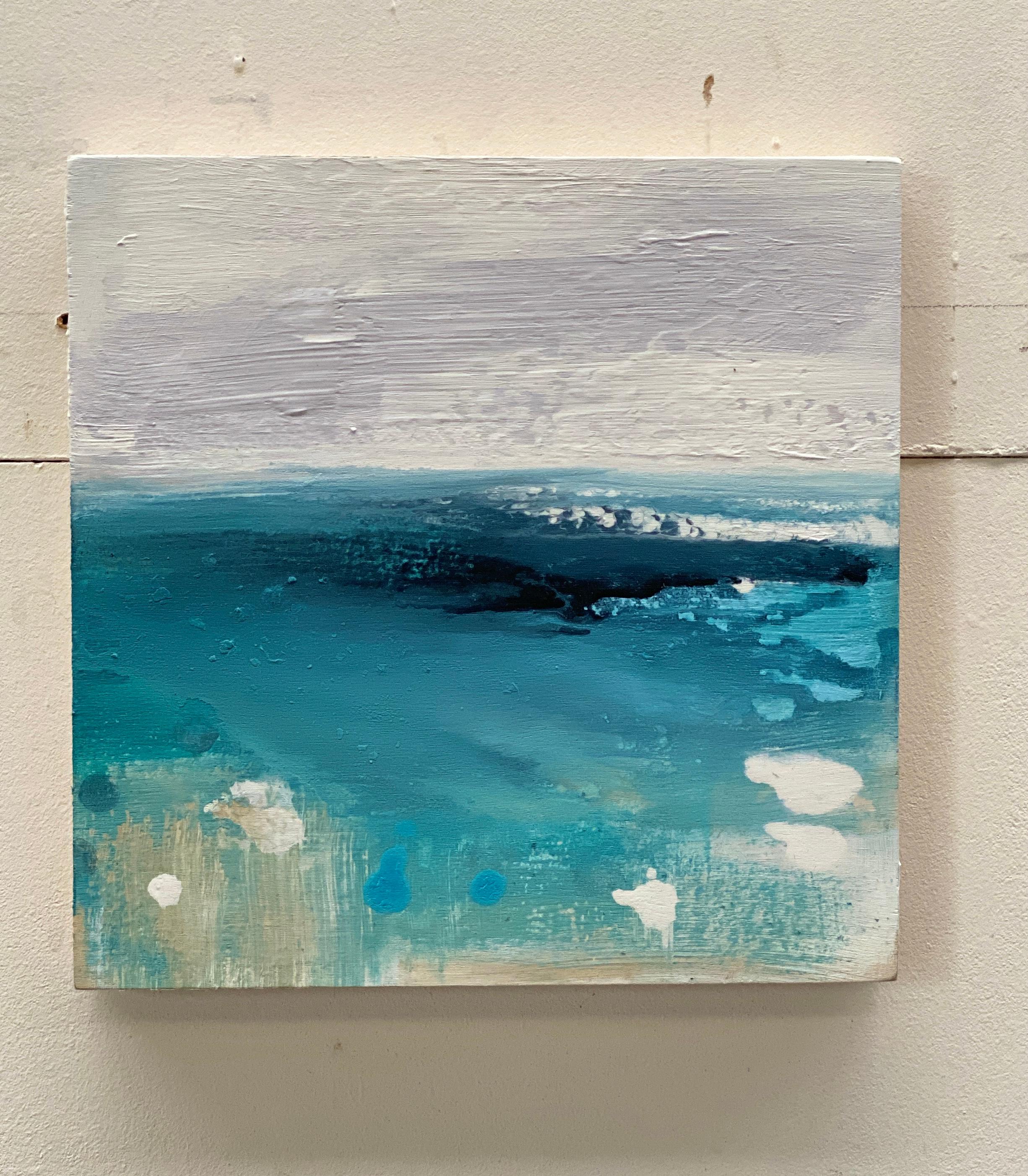 I Can Sea no2 framed abstract impressionist painting water ocean blue white grey - Abstract Painting by Kathleen Rhee