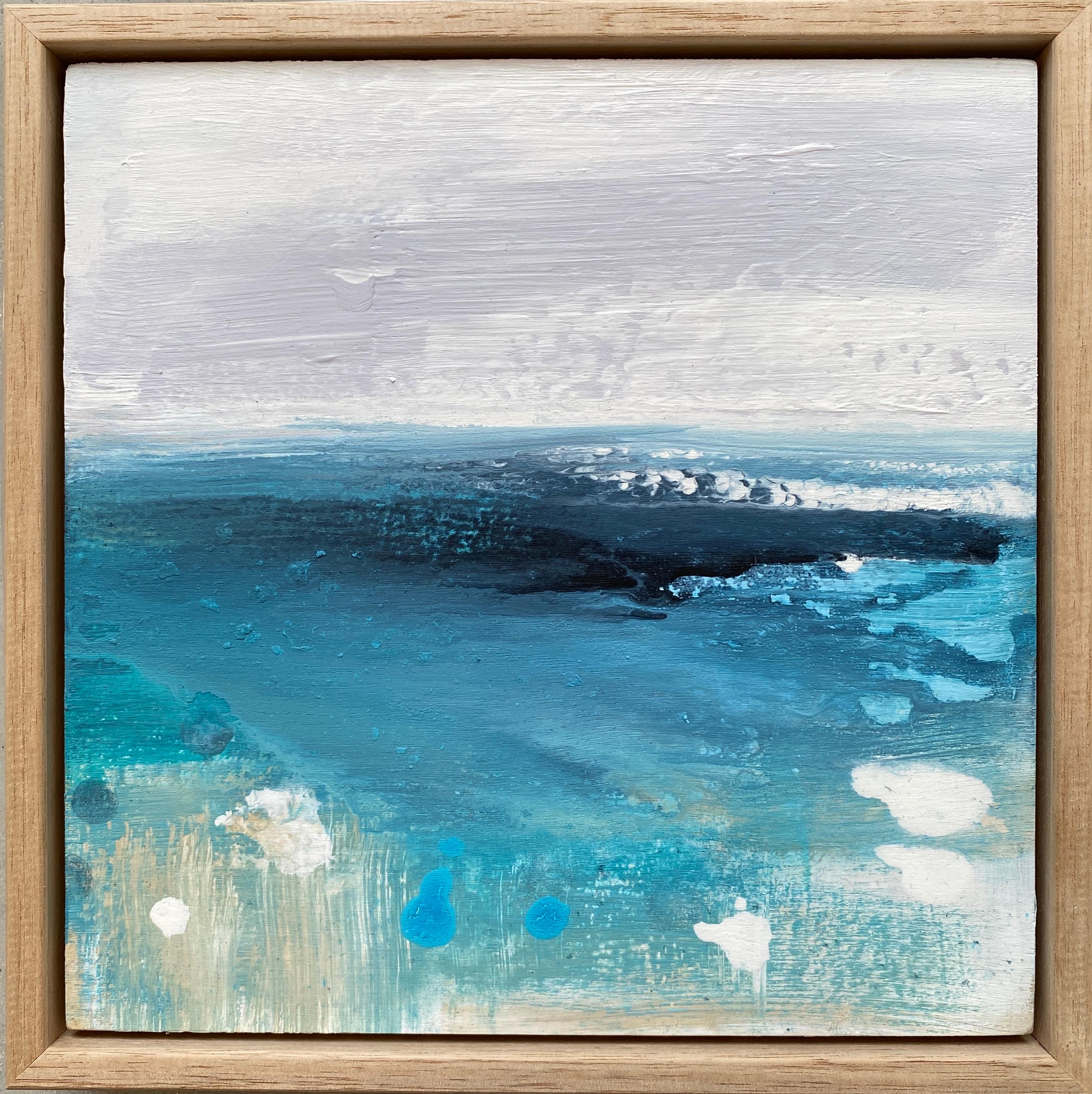 Kathleen Rhee Abstract Painting - I Can Sea no2 framed abstract impressionist painting water ocean blue white grey