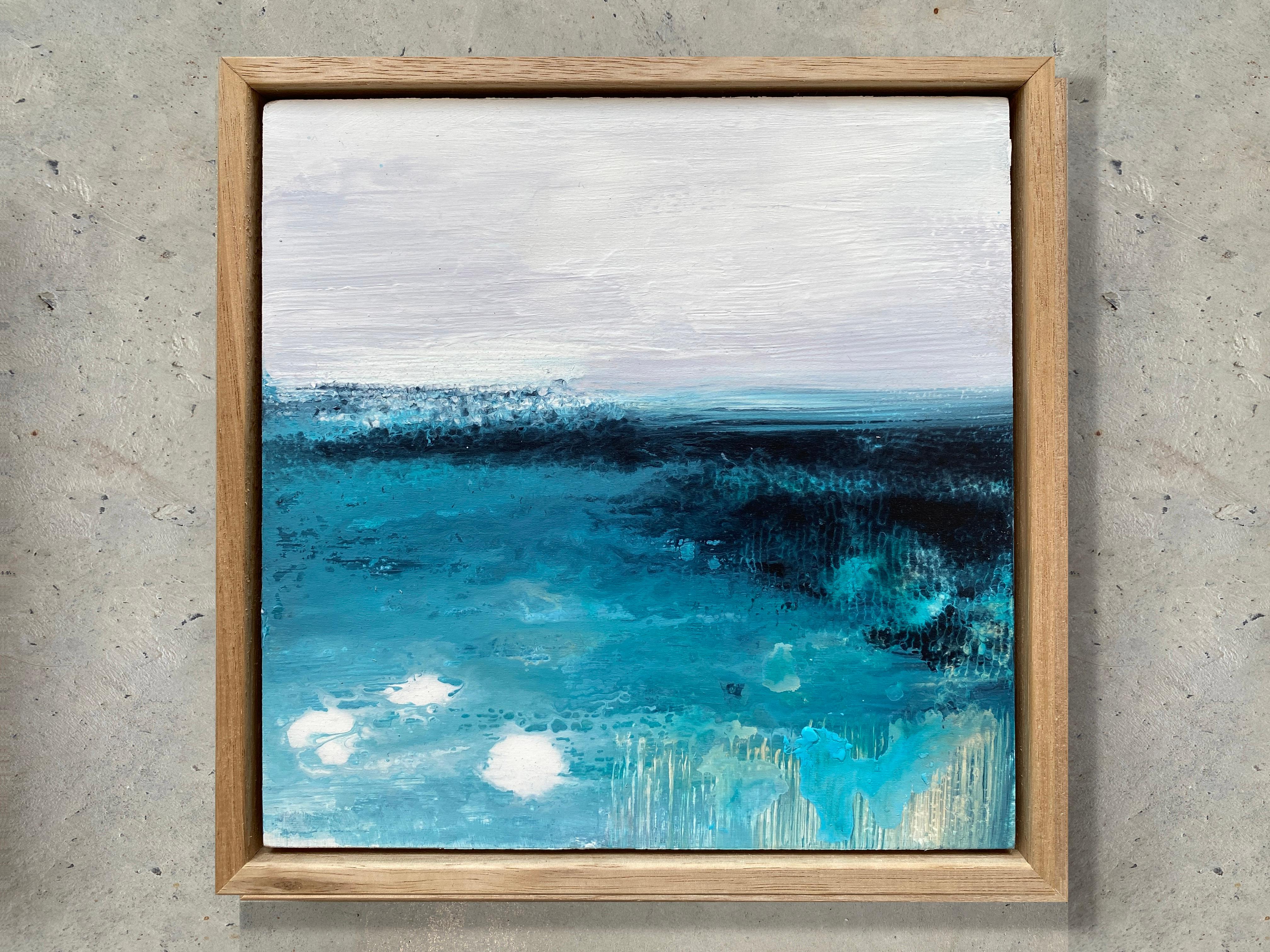 I Can Sea no3 framed abstract impressionist painting water ocean blue white grey - Painting by Kathleen Rhee