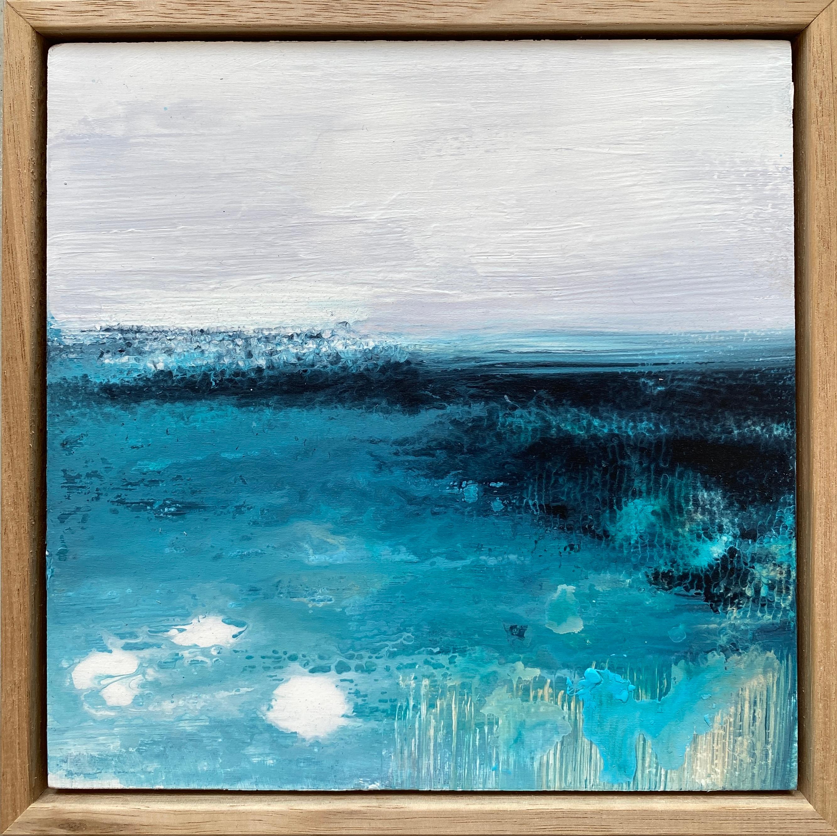 Kathleen Rhee Abstract Painting - I Can Sea no3 framed abstract impressionist painting water ocean blue white grey