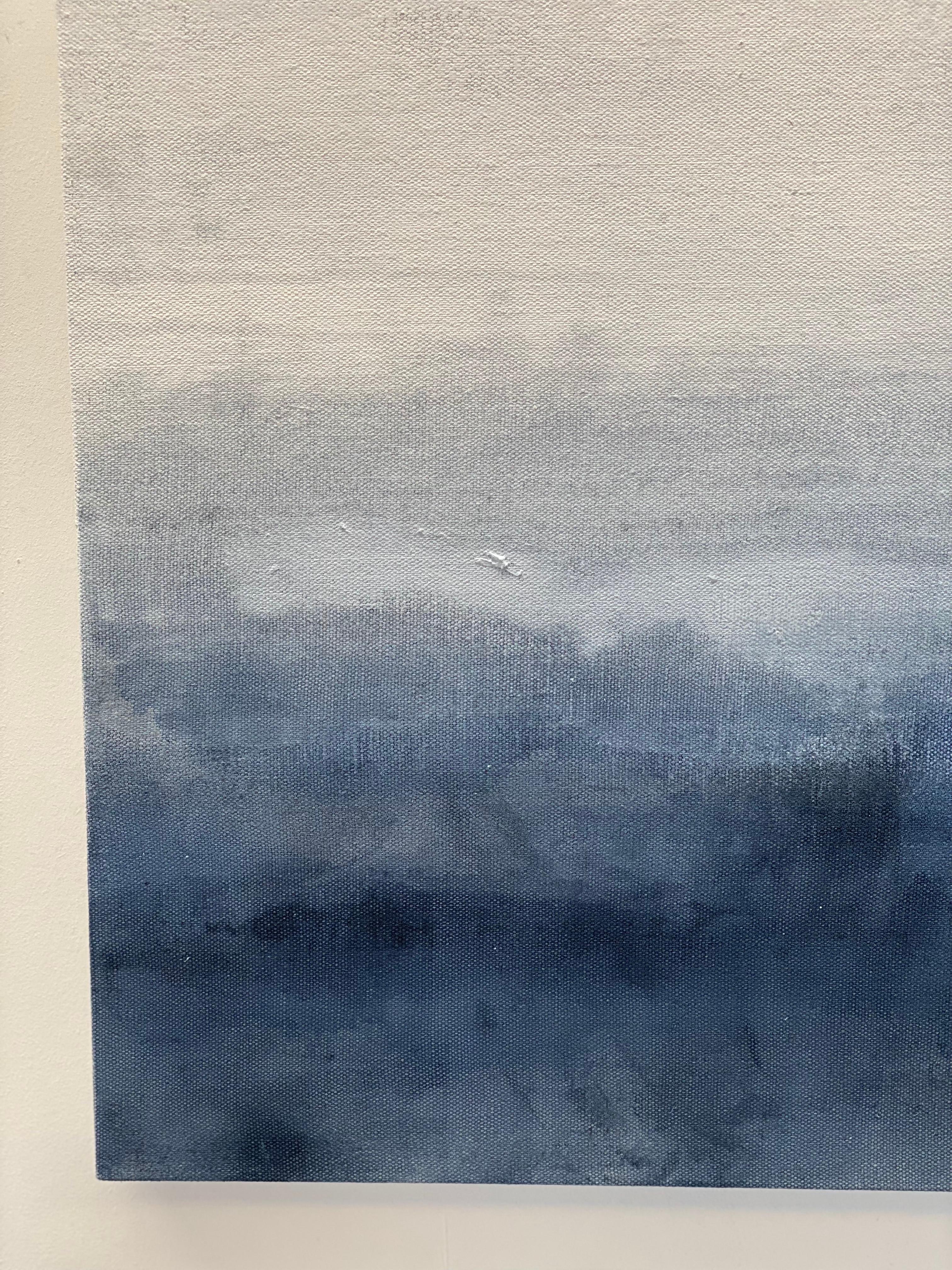 Elegant abstract expressions in soft muted tones of classic blue and white. This series is painted on premium rough linen with built up layers of paint revealing ghostly descriptive details and delicate mark making. Inspired by the vast hazy