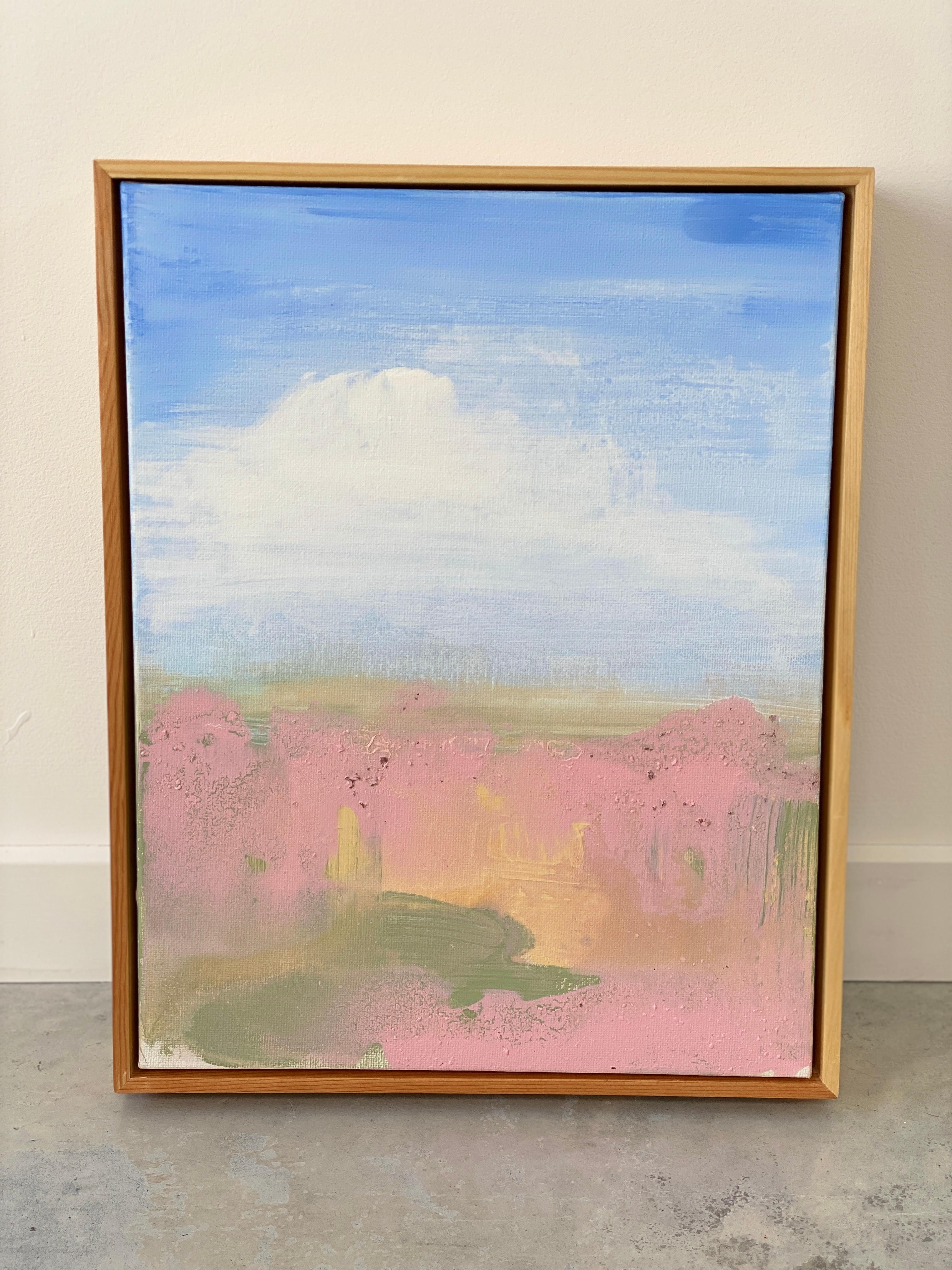 Land abstract expressionist landscape canvas framed blue sky clouds pink earth - Painting by Kathleen Rhee