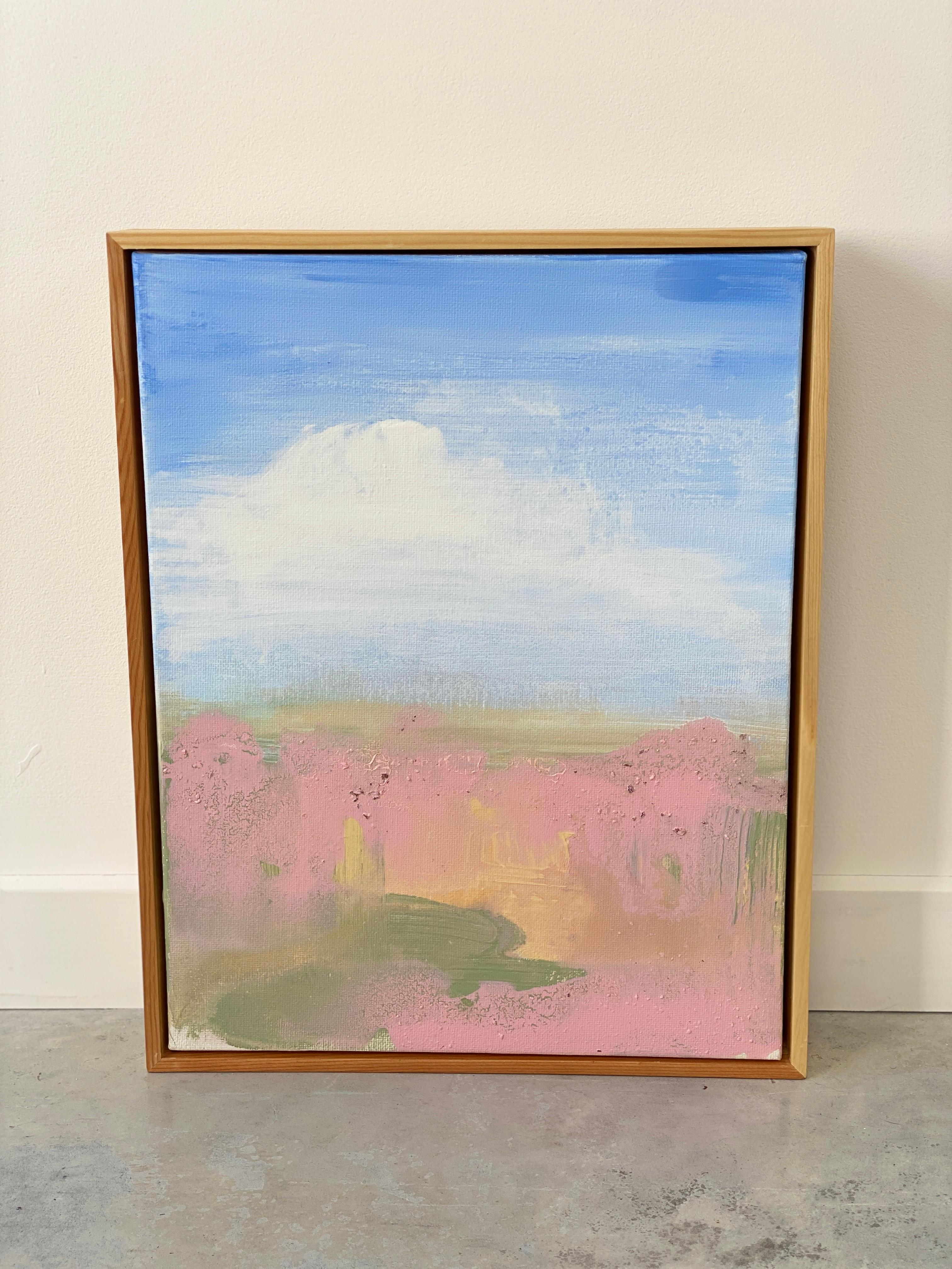 'Land' a small abstract expressionist landscape. A sweet happy original painting to add light and joy to any room or space. Inspired by the unique Australian lands, special sunlight, clear blue skies and descriptive wind swept clouds. 
Painted in