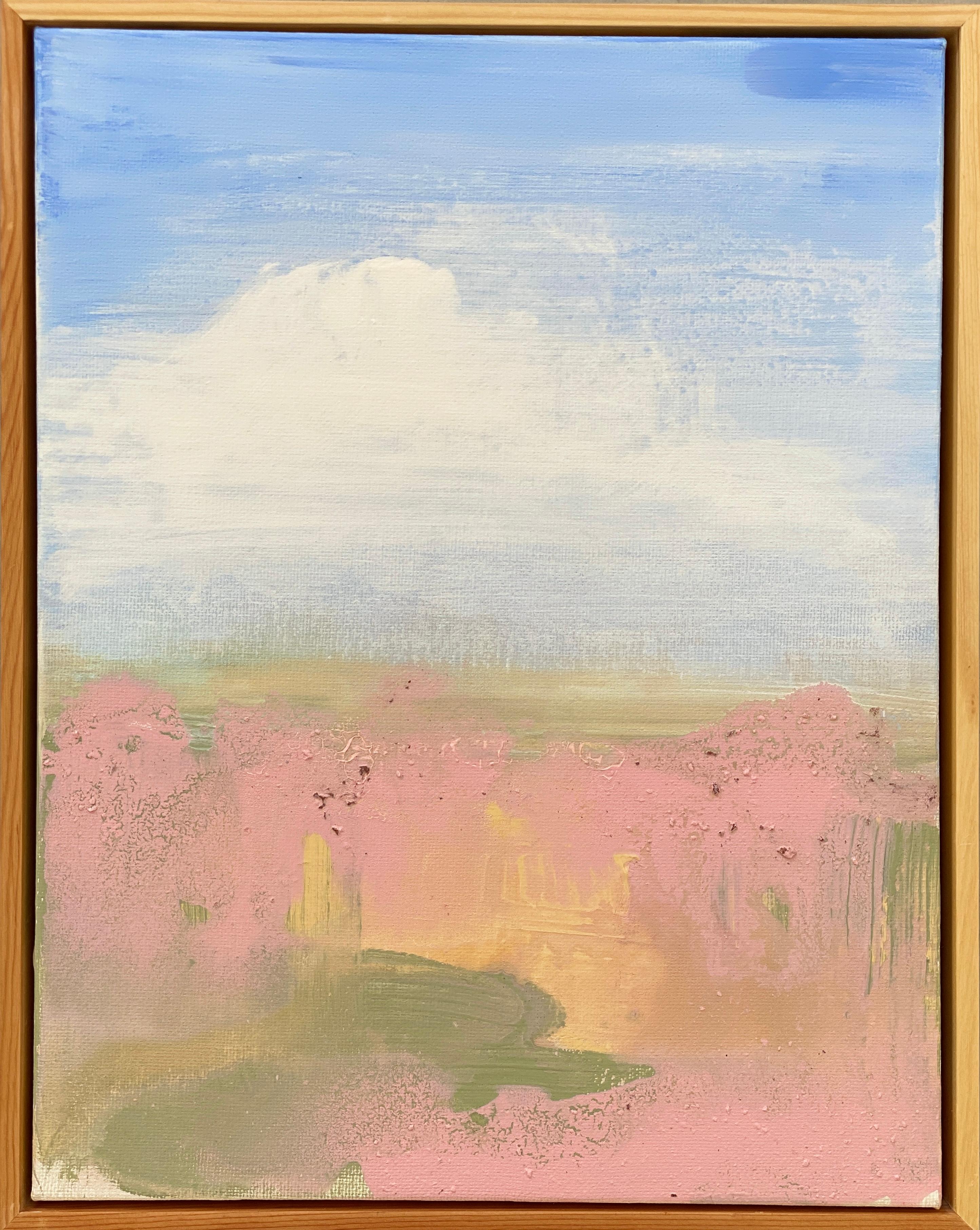 Kathleen Rhee Landscape Painting - Land abstract expressionist landscape canvas framed blue sky clouds pink earth