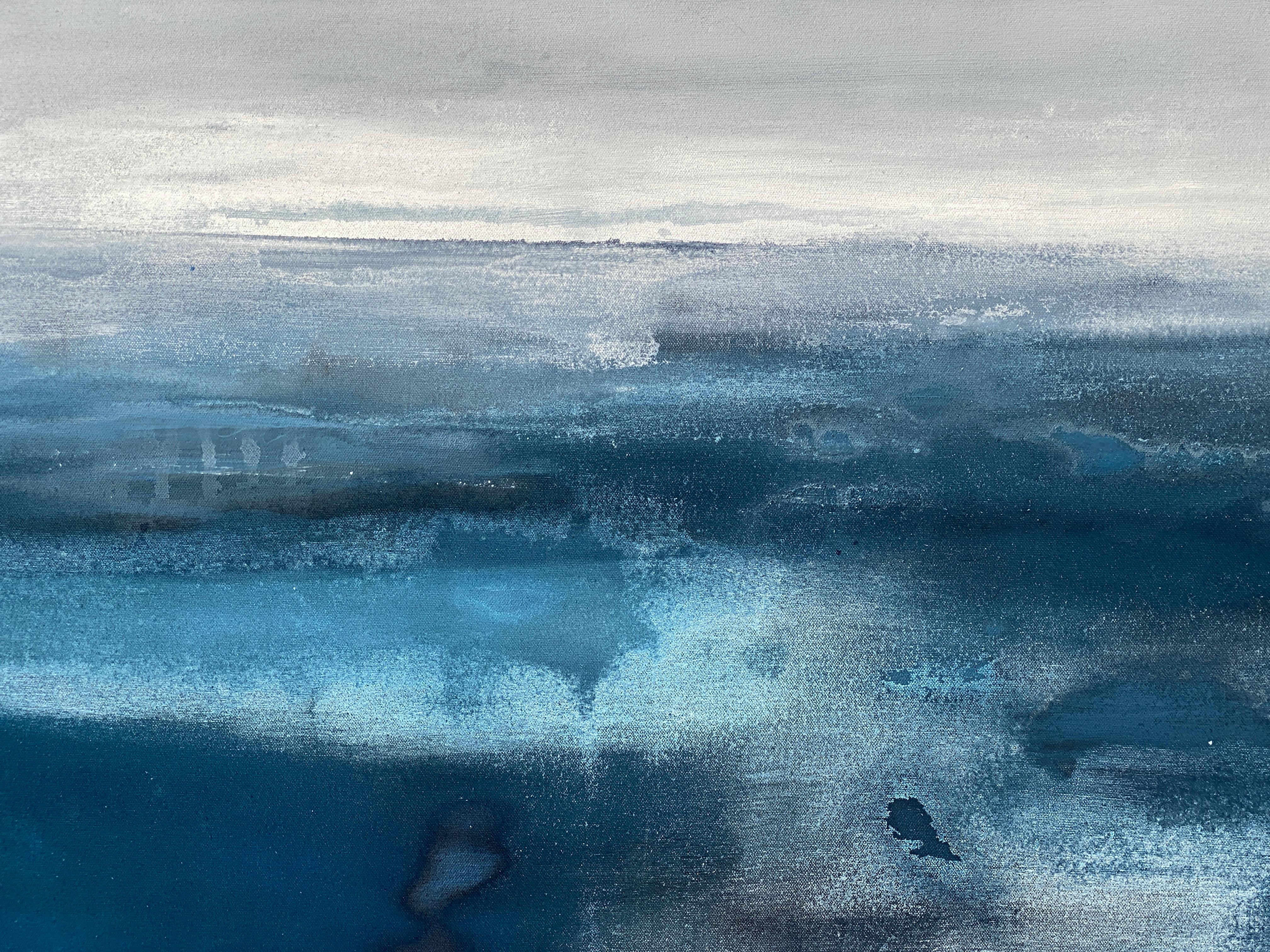 Grand océan impressionniste semi-abstraite gris eau ciel bleu blanc  en vente 6