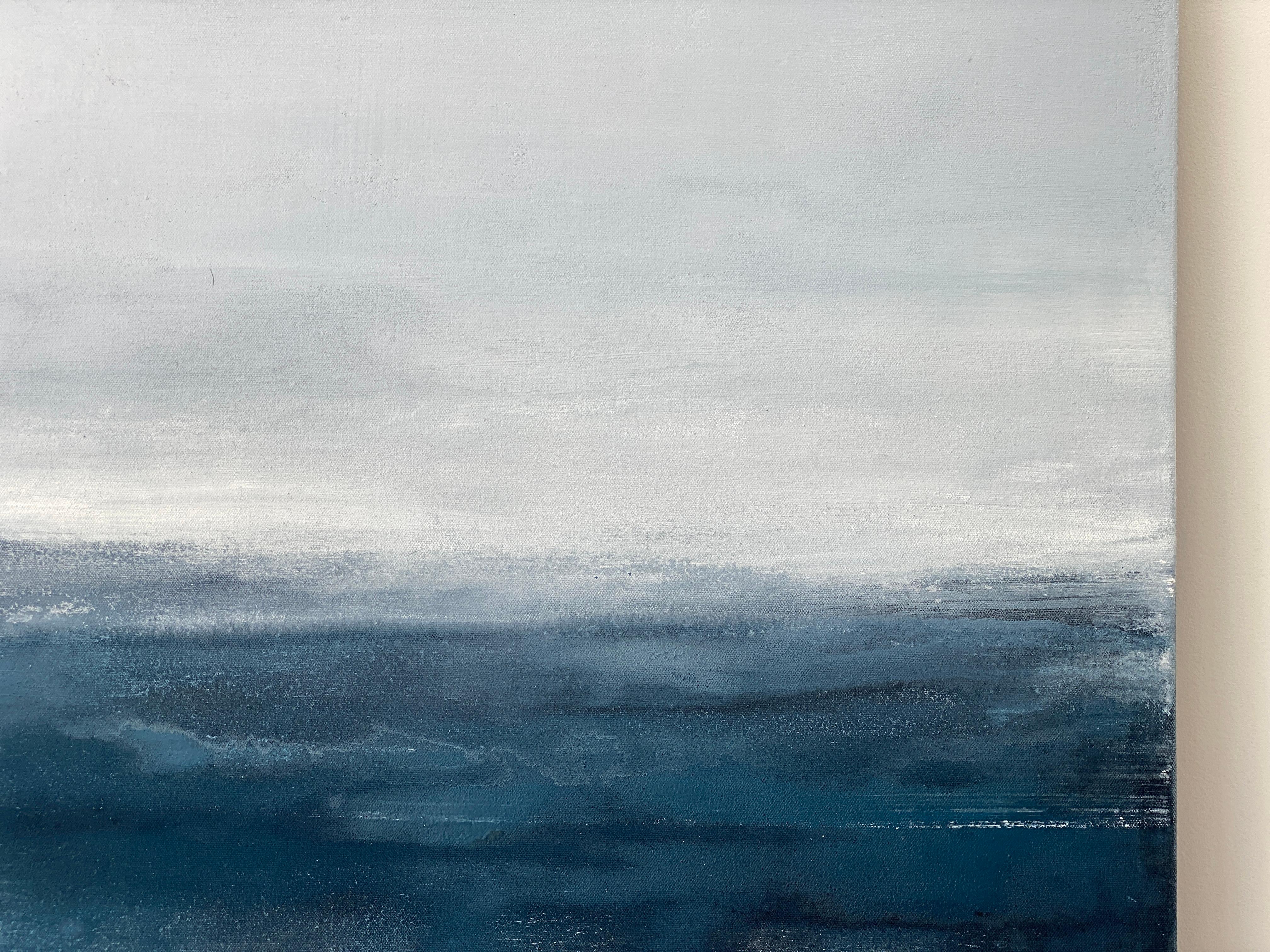 Grand océan impressionniste semi-abstraite gris eau ciel bleu blanc  en vente 7