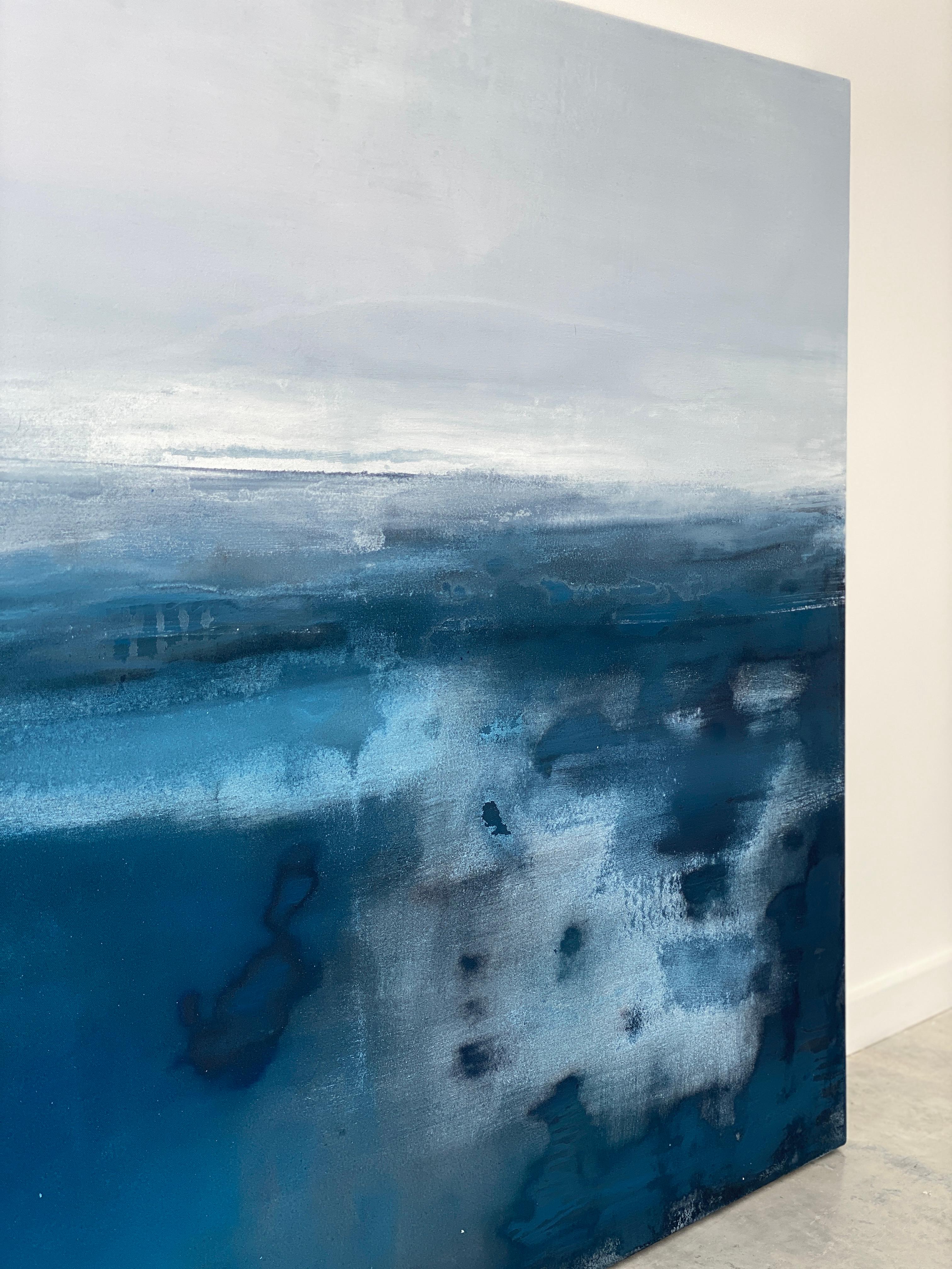 Grand océan impressionniste semi-abstraite gris eau ciel bleu blanc  en vente 12