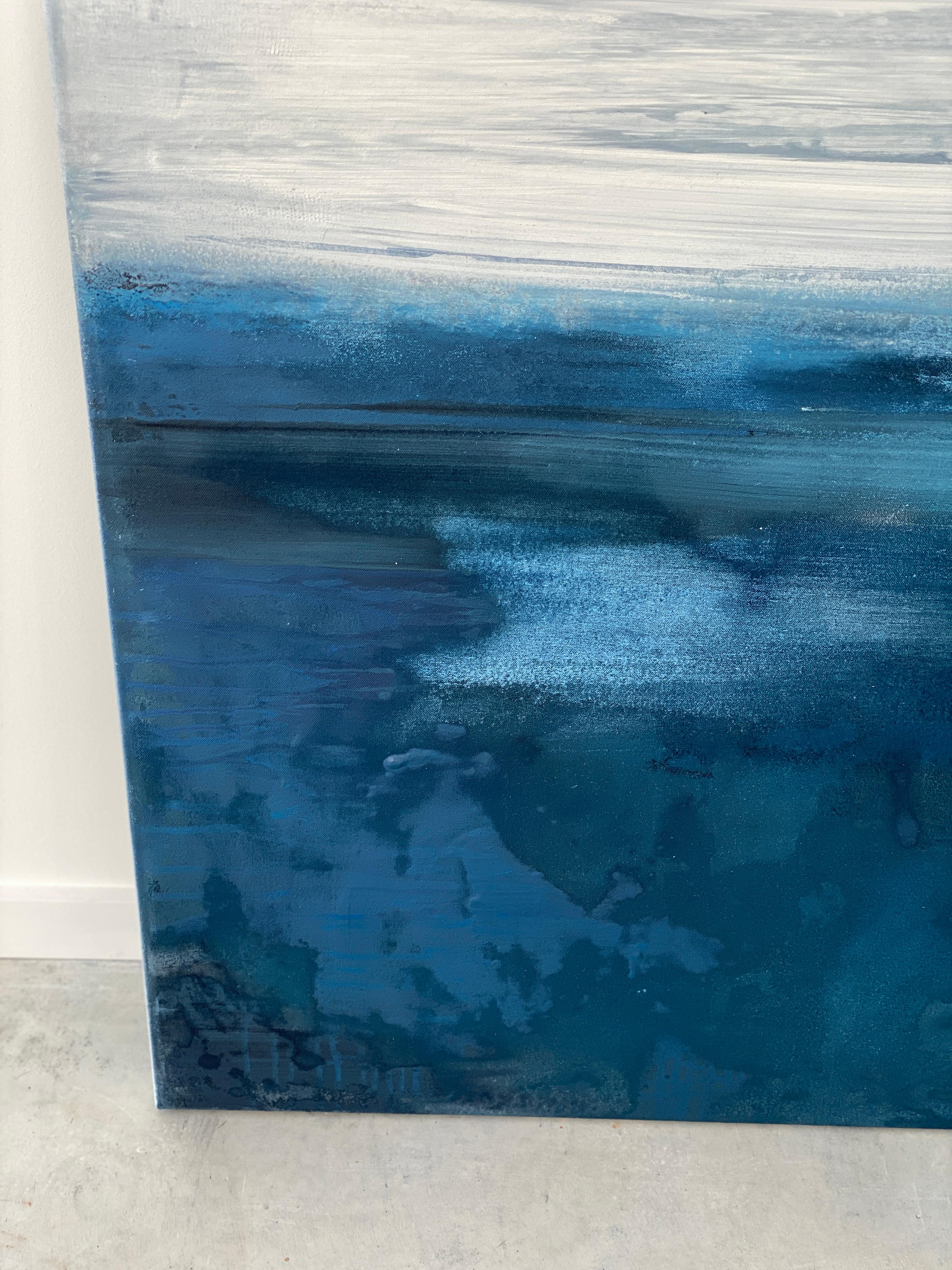 Grand océan impressionniste semi-abstraite gris eau ciel bleu blanc  en vente 13