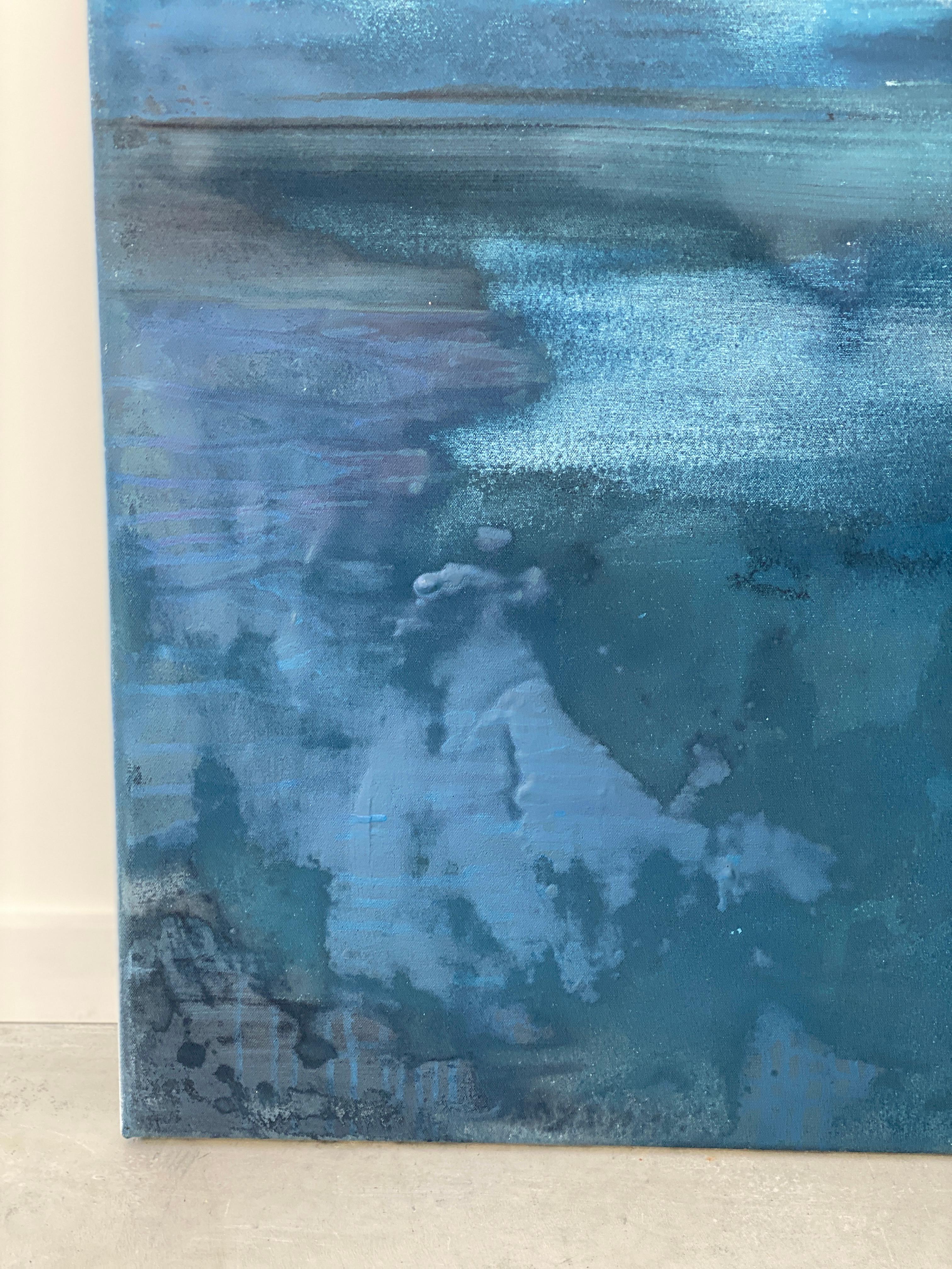 Grand océan impressionniste semi-abstraite gris eau ciel bleu blanc  en vente 14