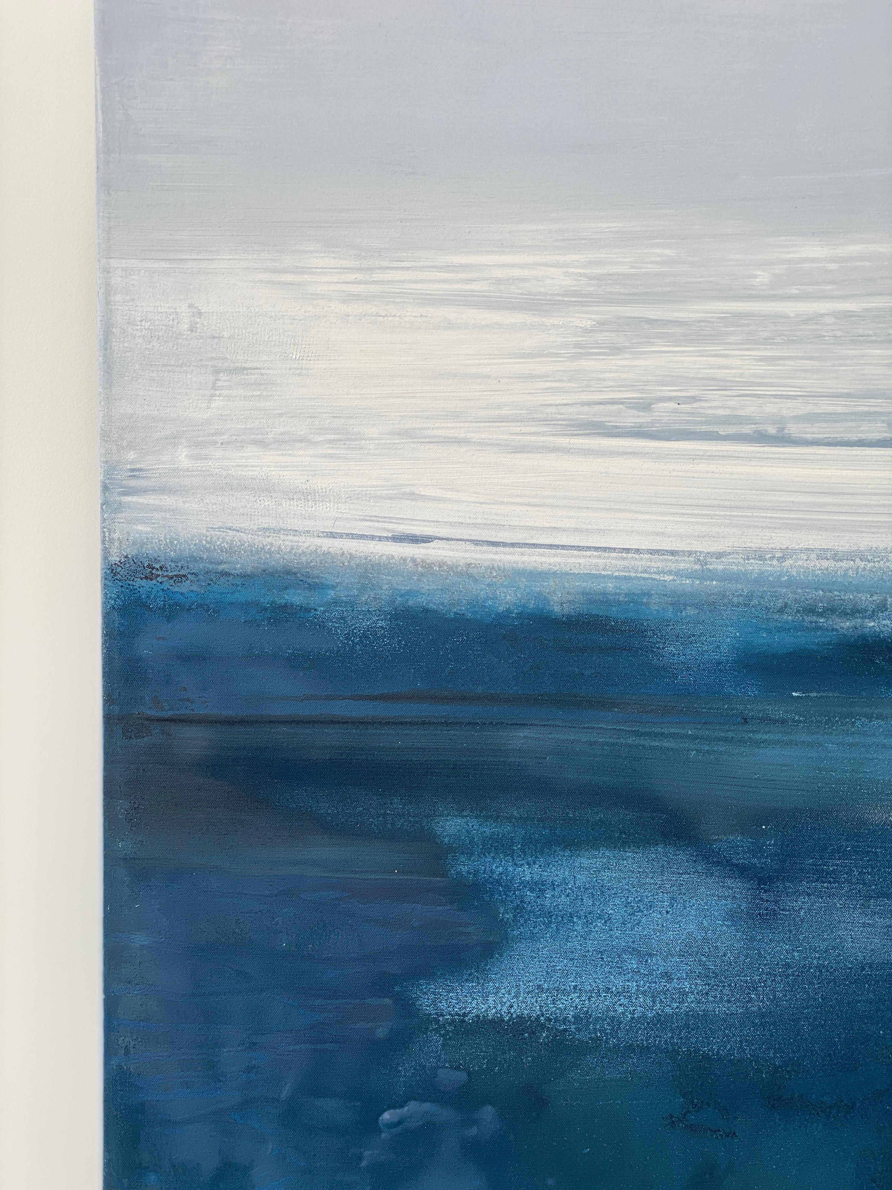 Grand océan impressionniste semi-abstraite gris eau ciel bleu blanc  en vente 15