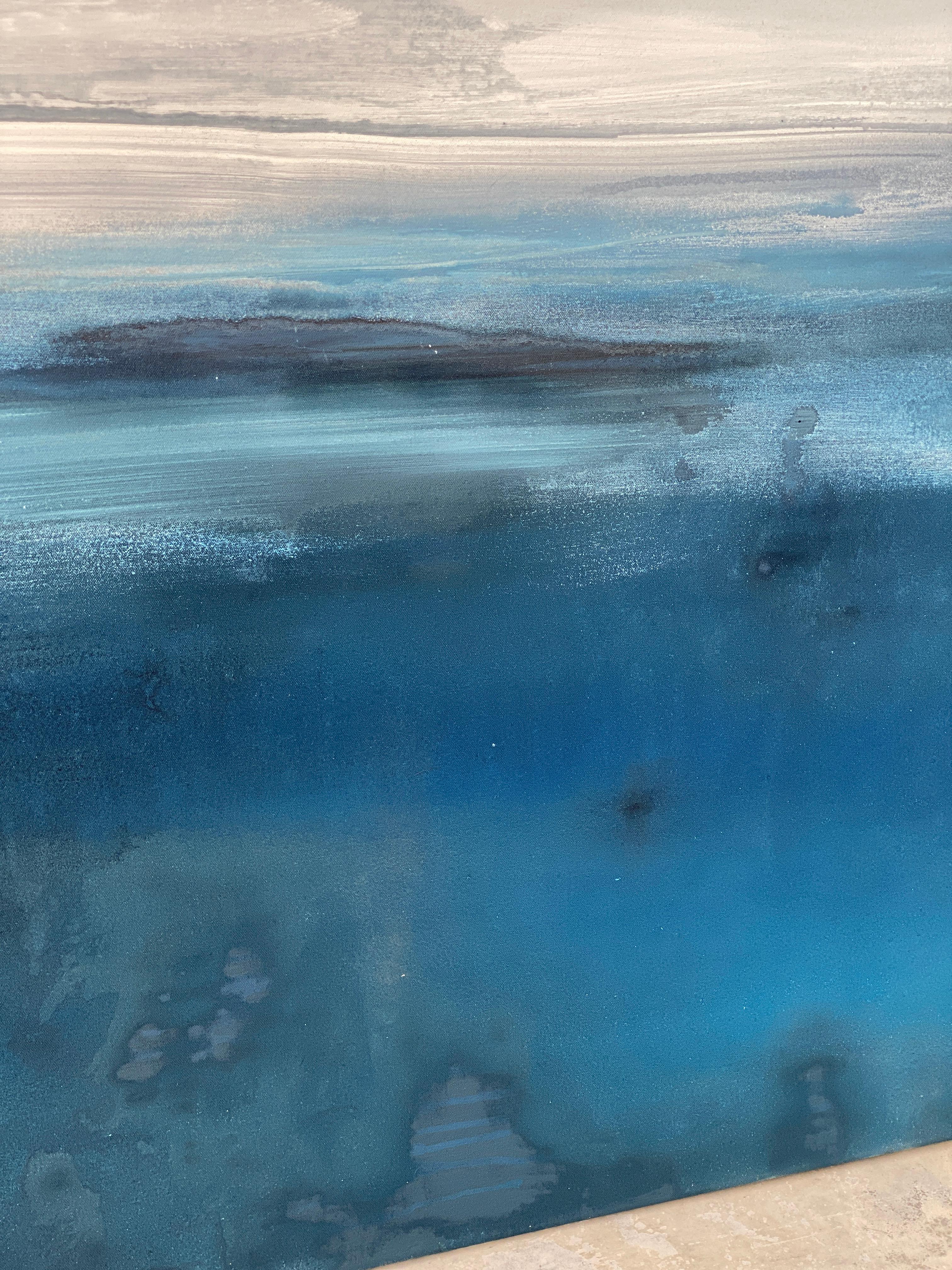 Grand océan impressionniste semi-abstraite gris eau ciel bleu blanc  en vente 16
