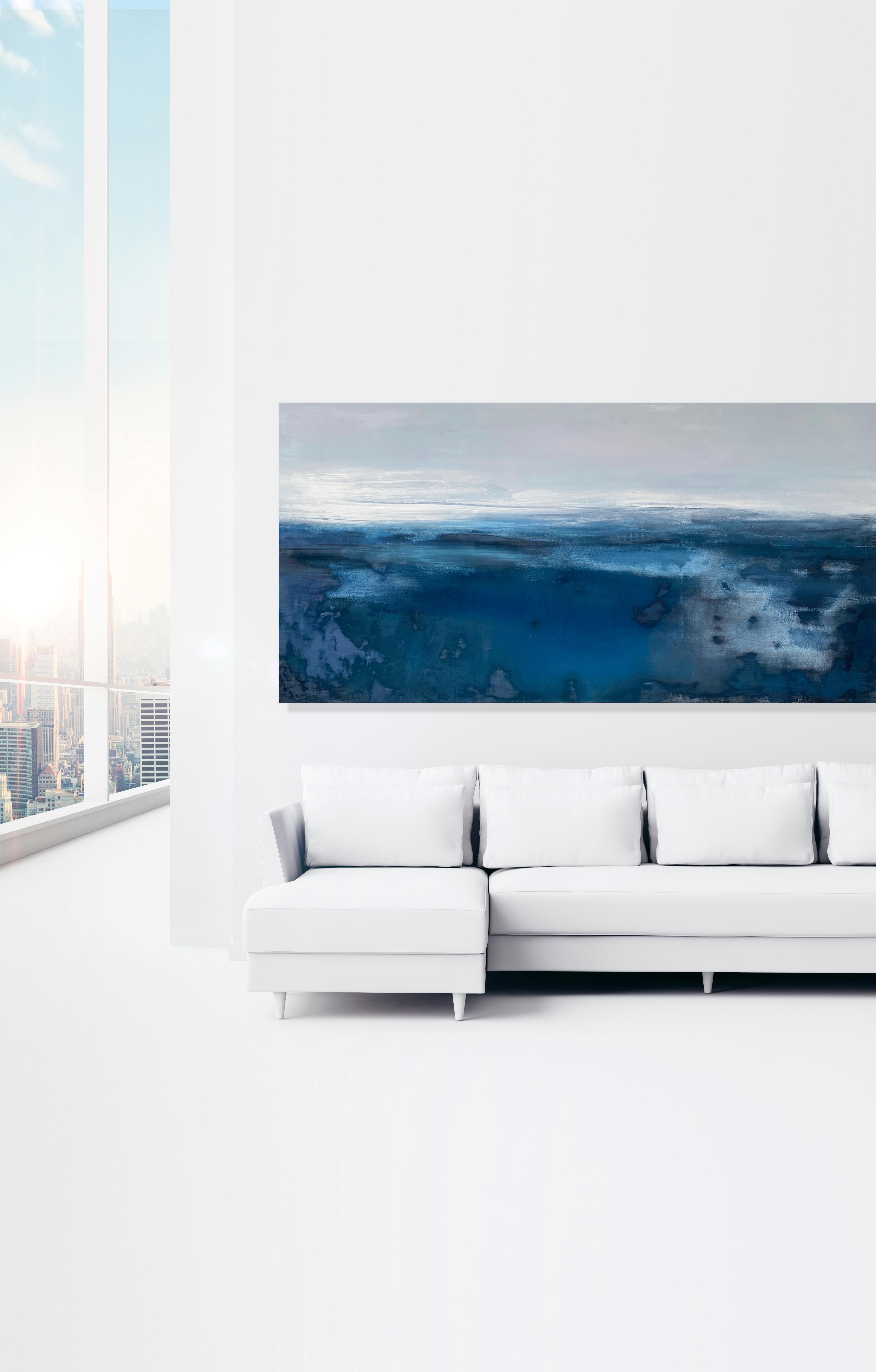 Grand océan impressionniste semi-abstraite gris eau ciel bleu blanc  en vente 4