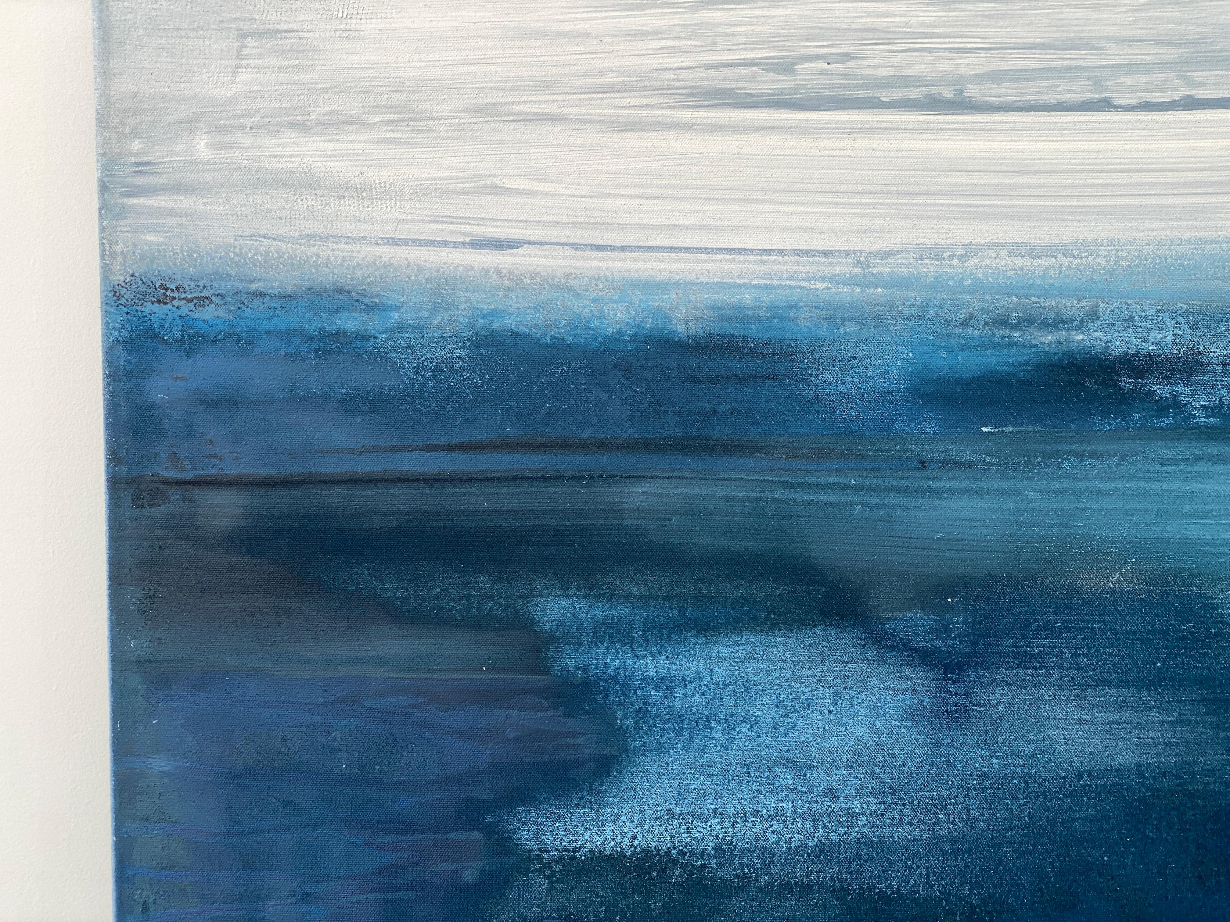 Grand océan impressionniste semi-abstraite gris eau ciel bleu blanc  en vente 5