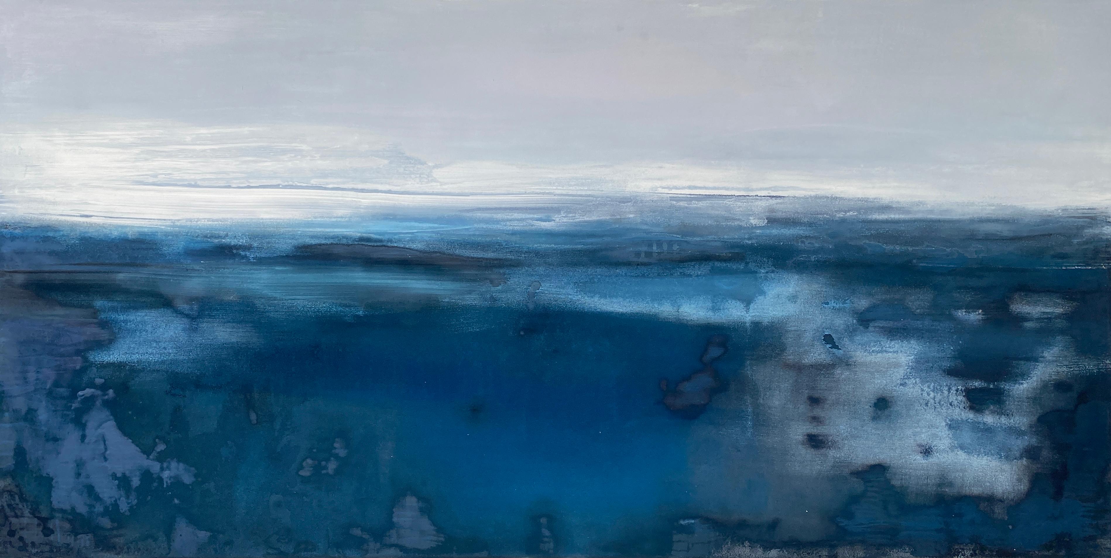 Abstract Painting Kathleen Rhee - Grand océan impressionniste semi-abstraite gris eau ciel bleu blanc 