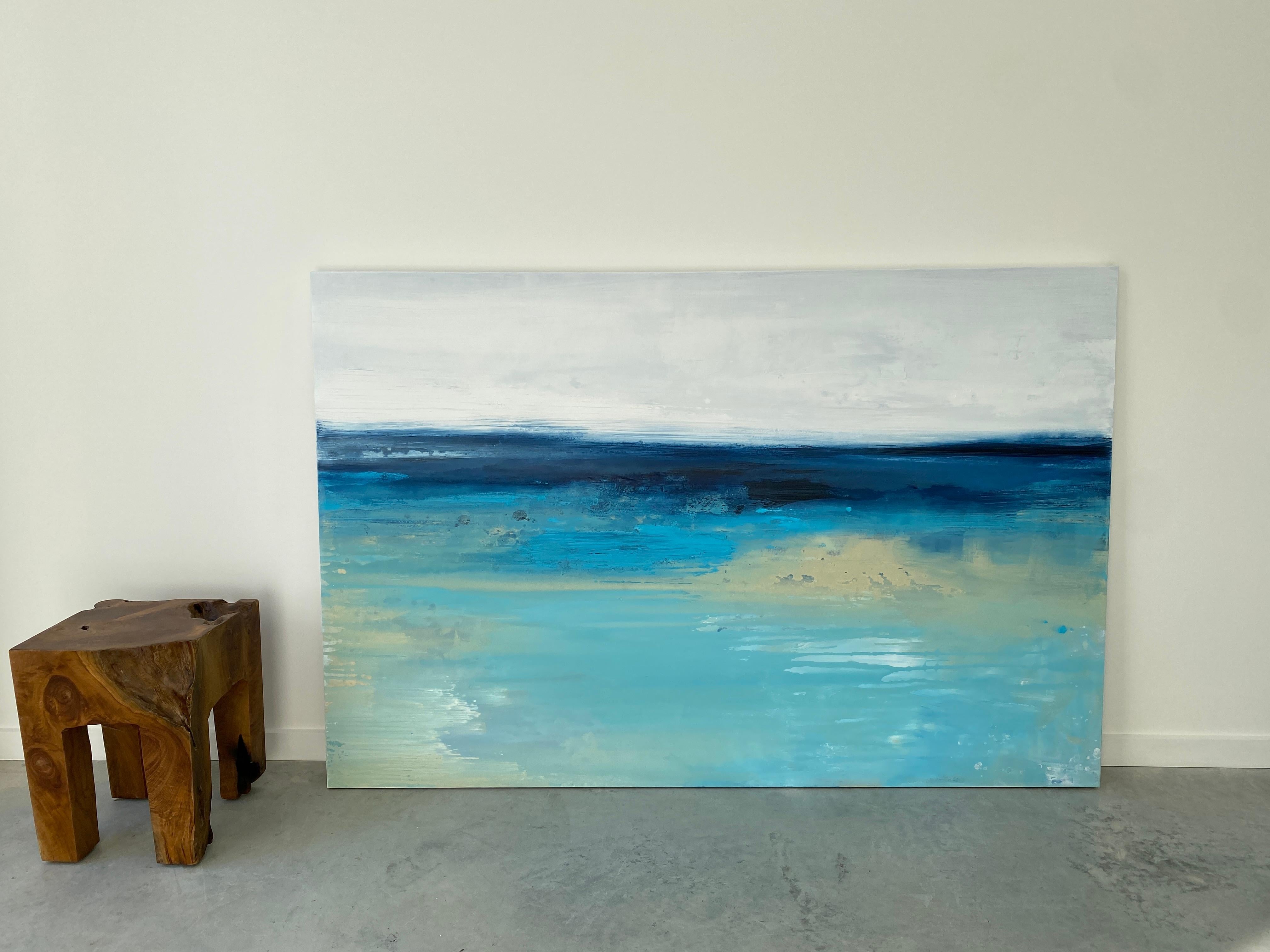 Large ocean abstract impressionist sea water sky aqua light blue white beach For Sale 9