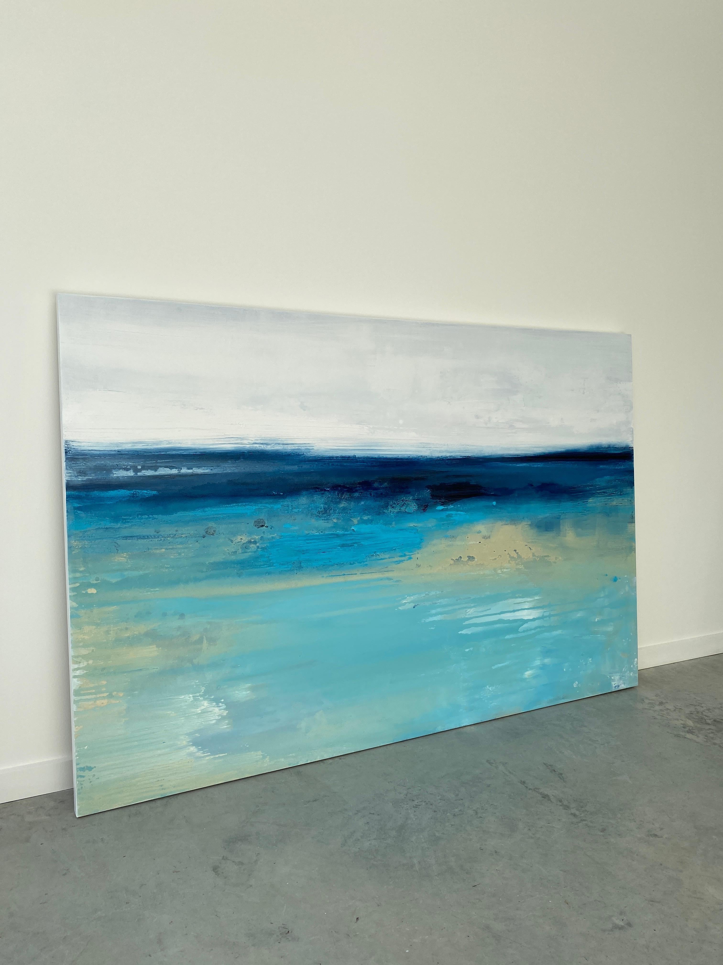 Large ocean abstract impressionist sea water sky aqua light blue white beach - Painting by Kathleen Rhee