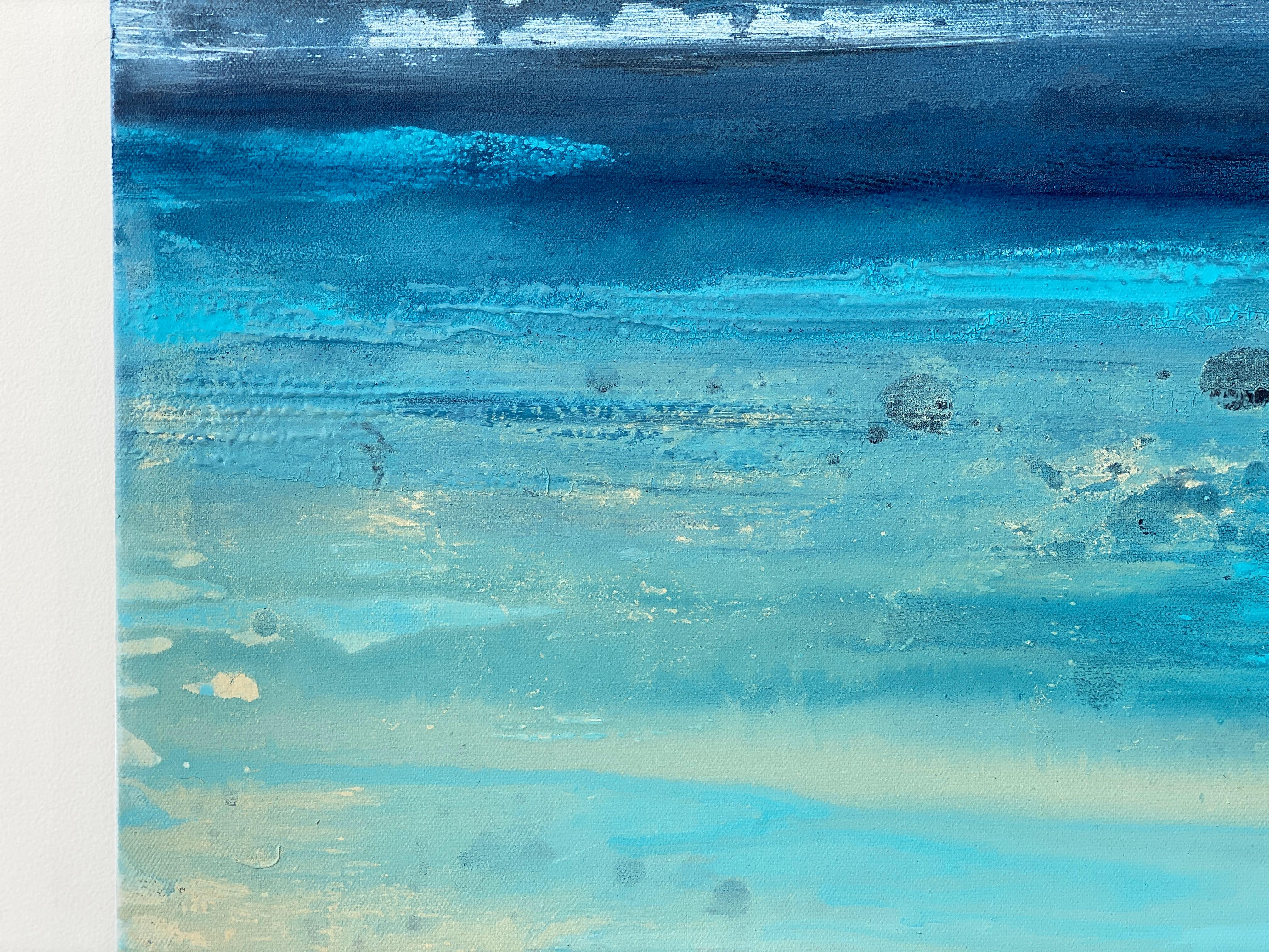 Large ocean abstract impressionist sea water sky aqua light blue white beach For Sale 5