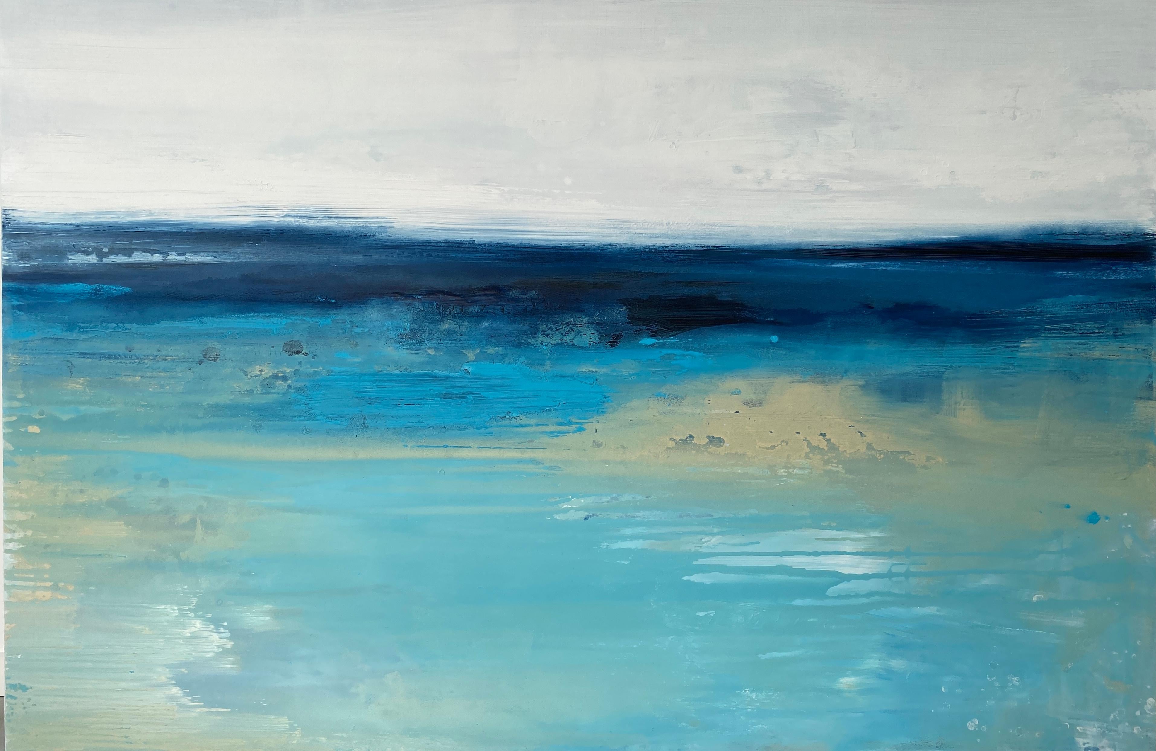 Kathleen Rhee Abstract Painting - Large ocean abstract impressionist sea water sky aqua light blue white beach