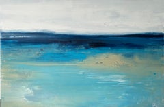 Large ocean semiabstract impressionist sea water sky aqua light blue white beach