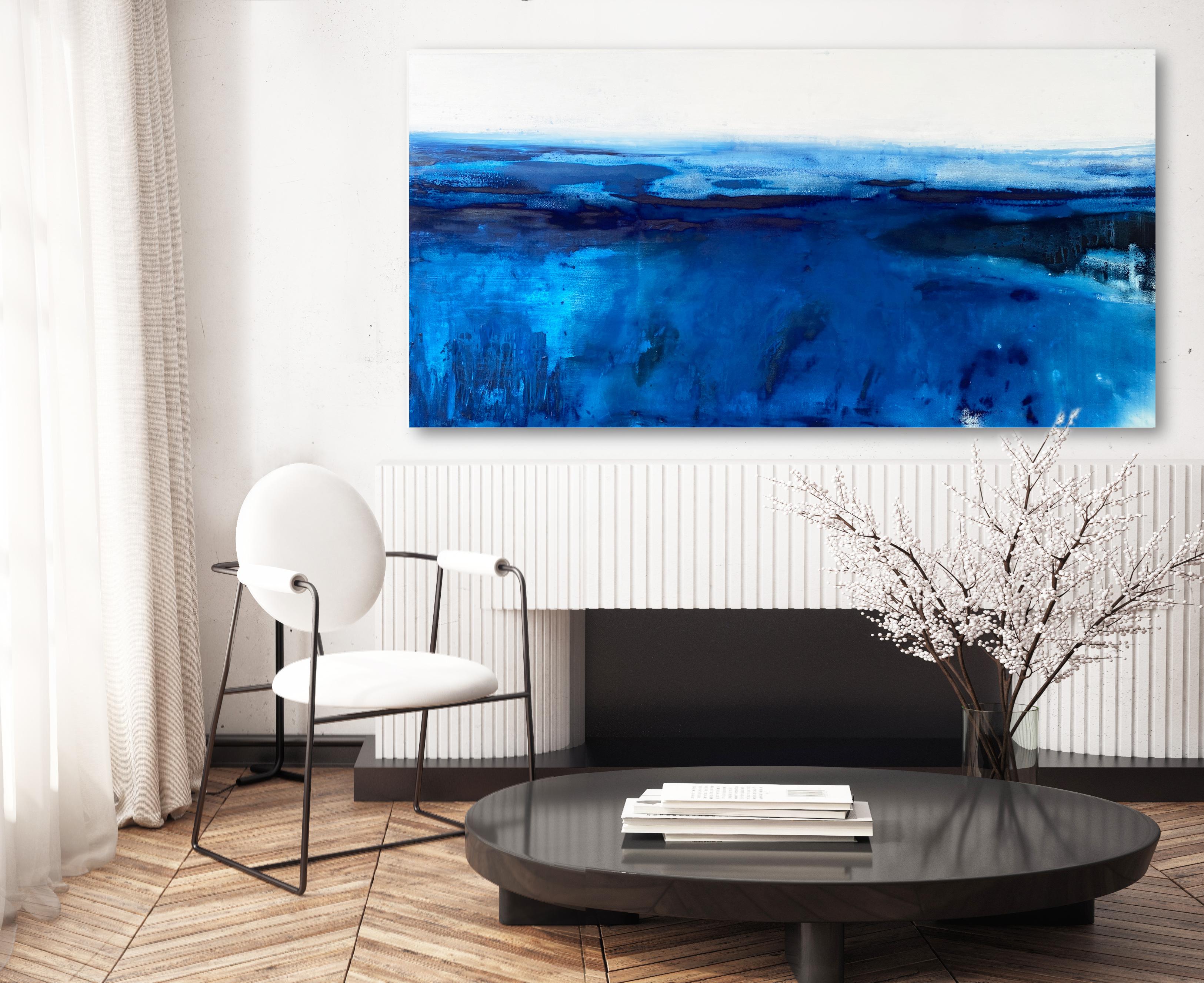 Large ocean abstract impressionist landscape water sky cloud cobalt blue white  - Painting by Kathleen Rhee