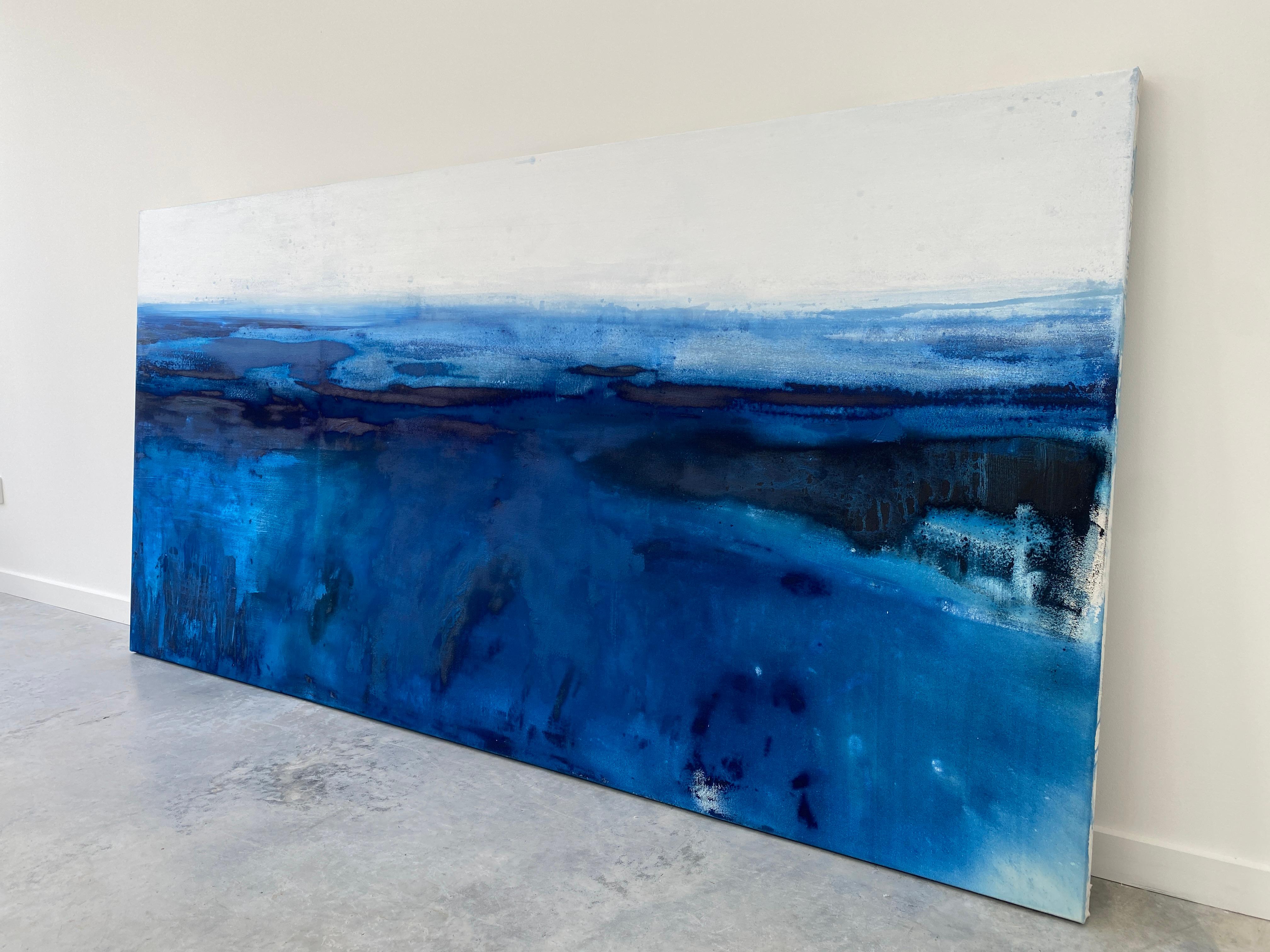 Large ocean abstract impressionist landscape water sky cloud cobalt blue white  For Sale 1