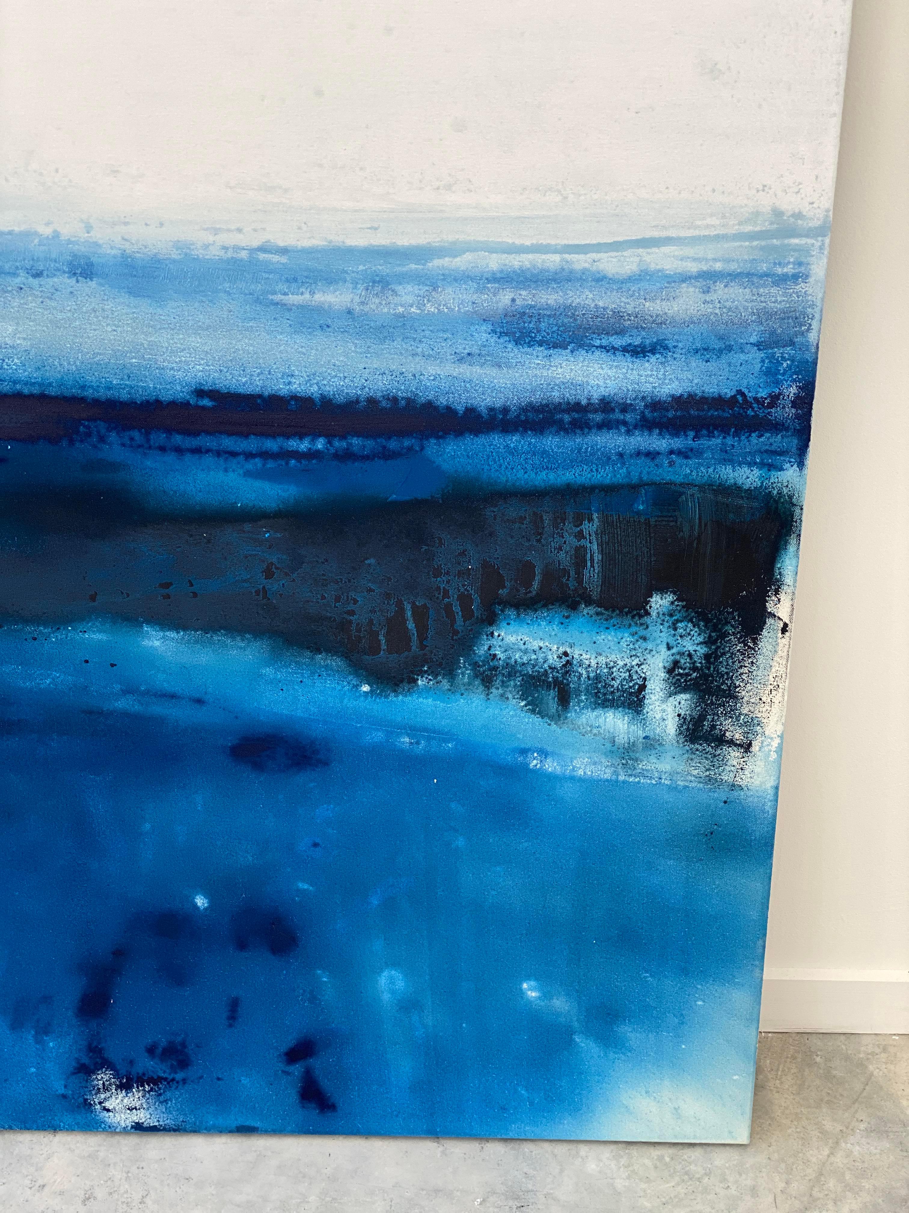 Large ocean abstract impressionist landscape water sky cloud cobalt blue white  For Sale 2