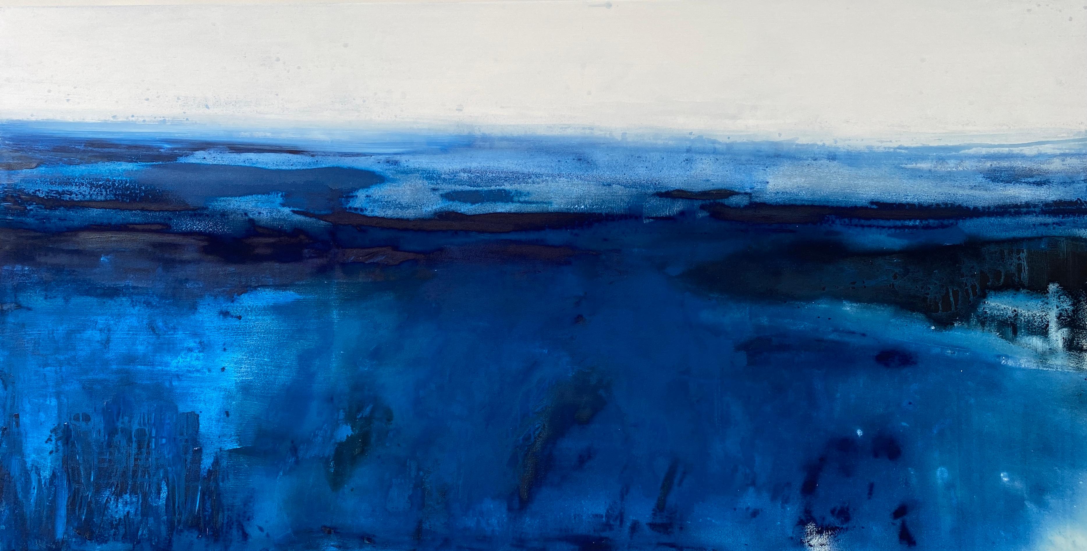 Kathleen Rhee Abstract Painting - Large ocean abstract impressionist landscape water sky cloud cobalt blue white 