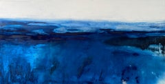 Grand paysage impressionniste abstrait eau ciel nuage bleu cobalt blanc 