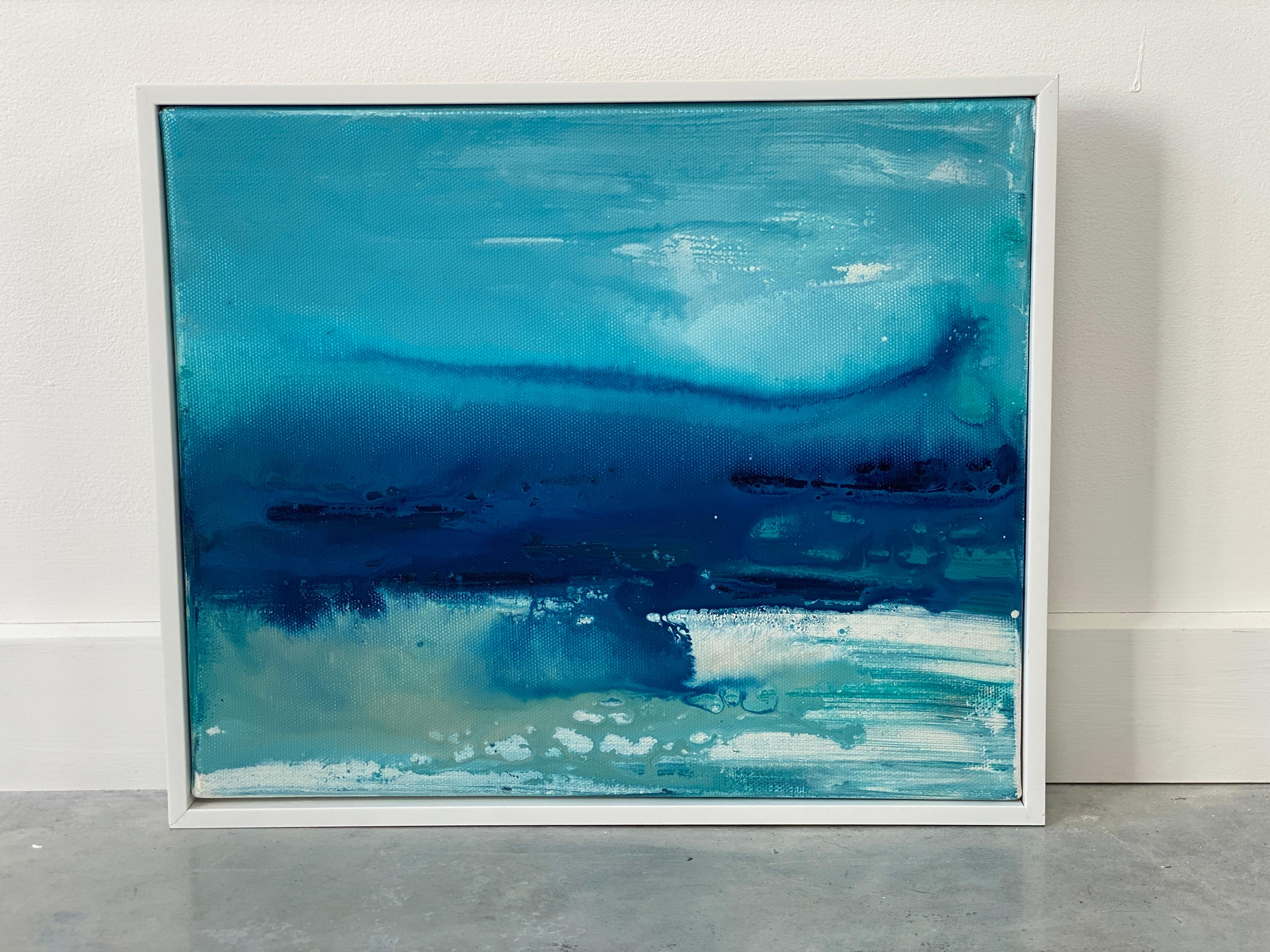 Lets Escape View no1  Paysage océanique abstrait impressionniste original encadré bleu - Painting de Kathleen Rhee