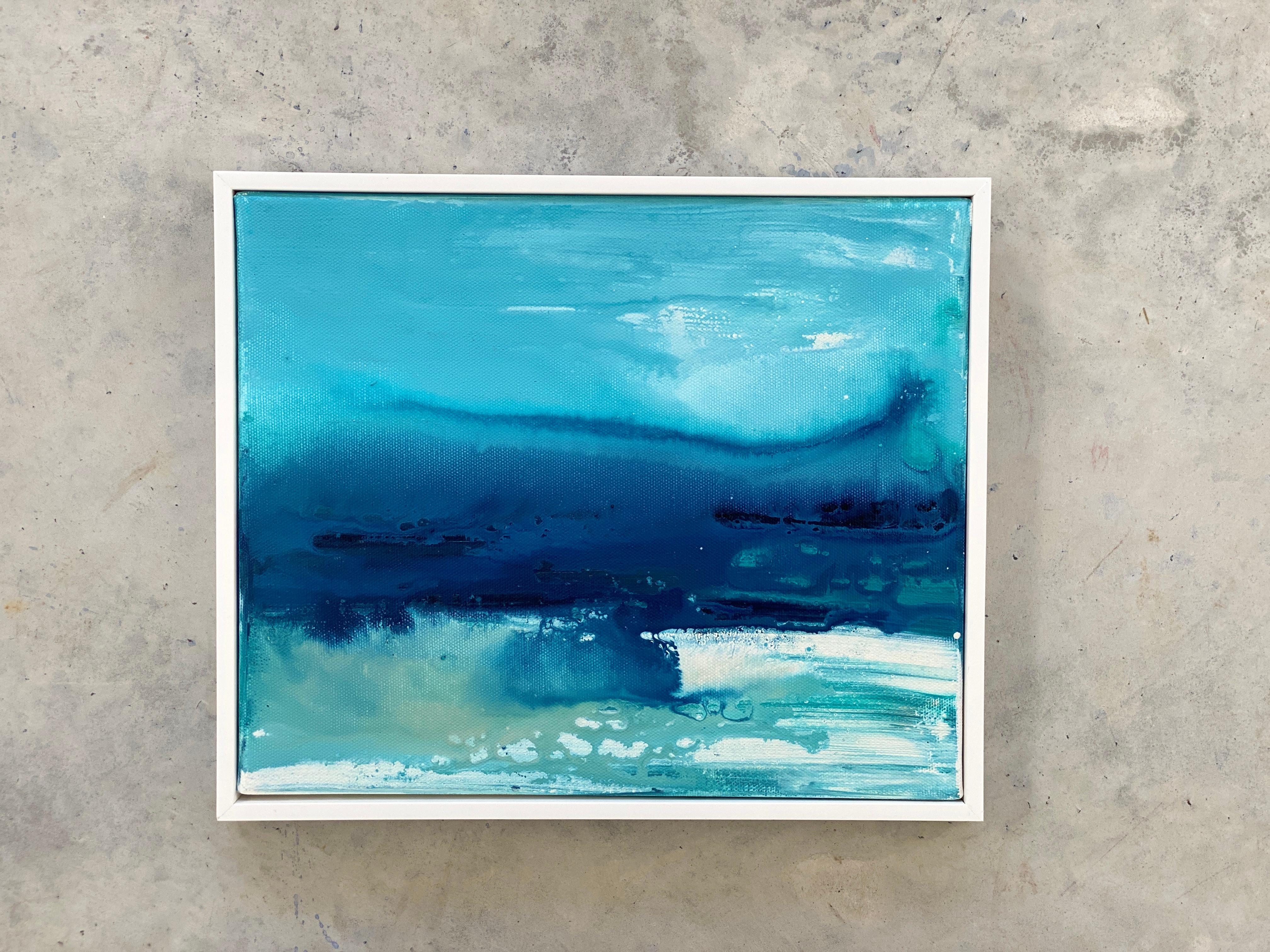 Lets Escape View no1  Paysage océanique abstrait impressionniste original encadré bleu en vente 1