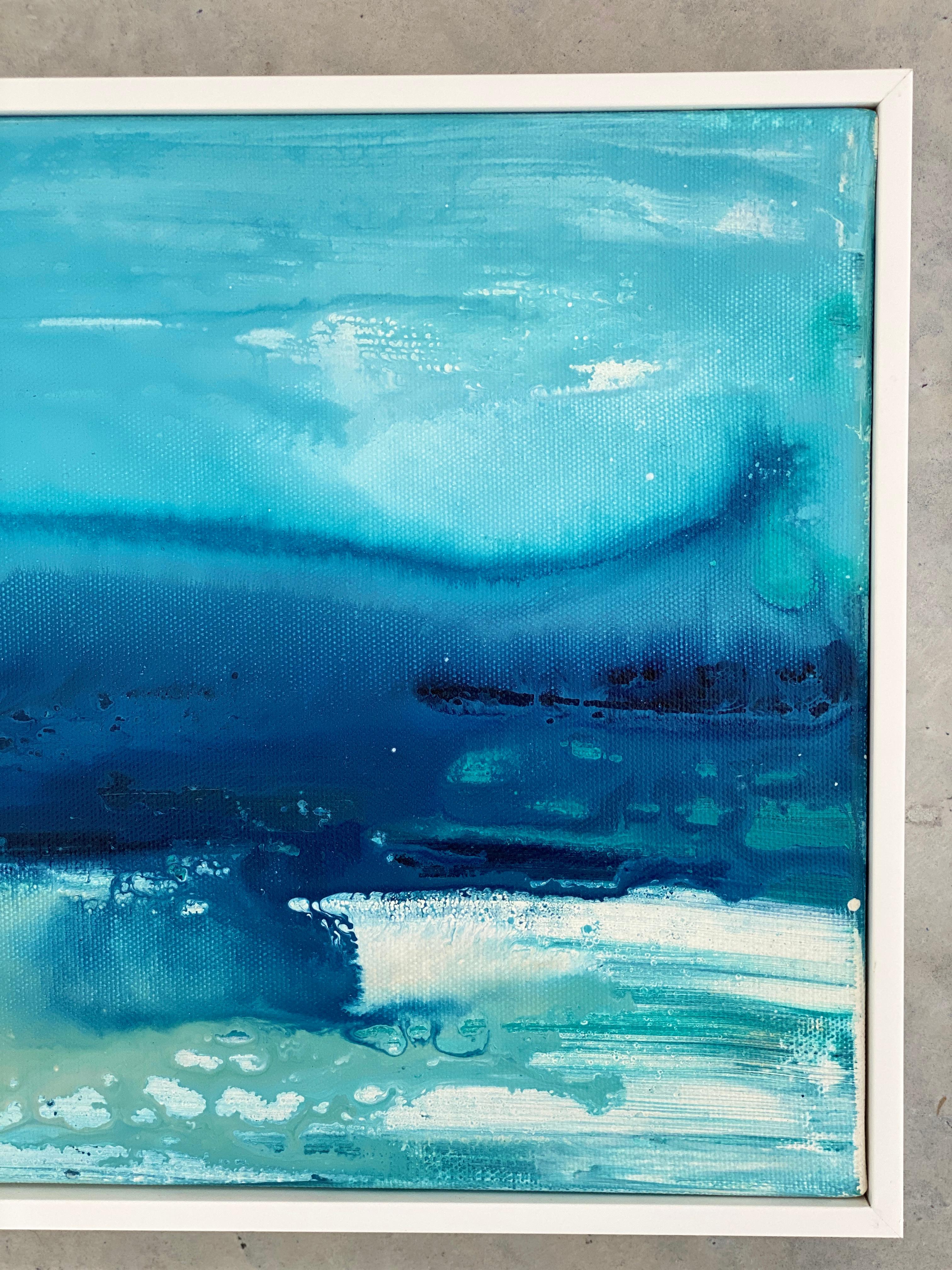 Lets Escape View no1  Paysage océanique abstrait impressionniste original encadré bleu en vente 2