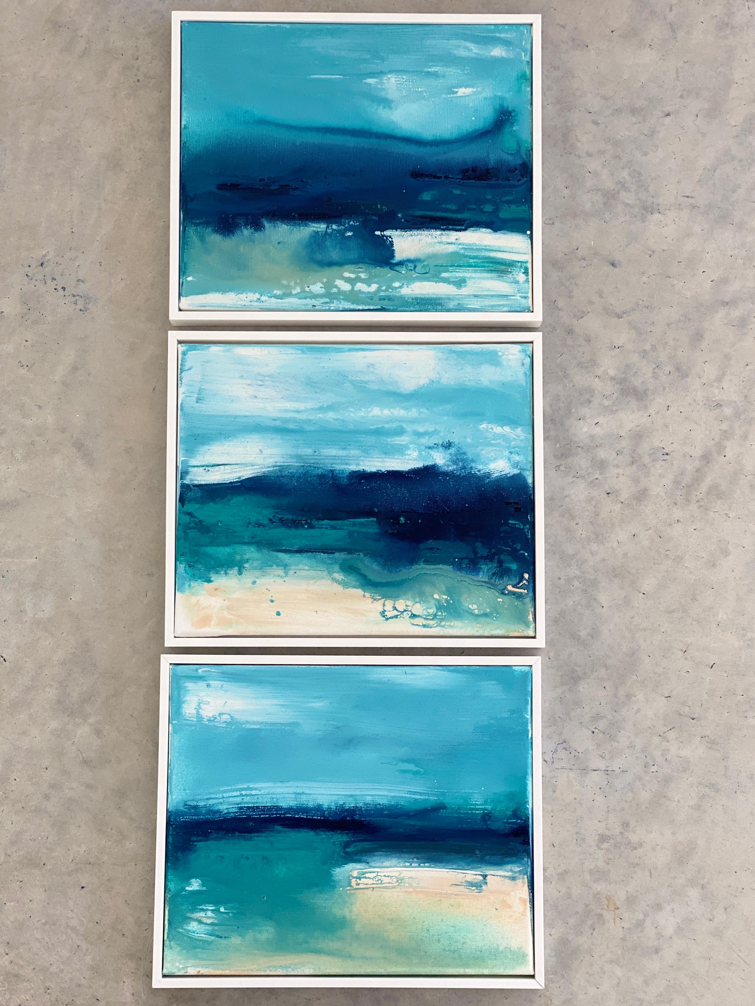 Lets Escape View no1  Paysage océanique abstrait impressionniste original encadré bleu en vente 3