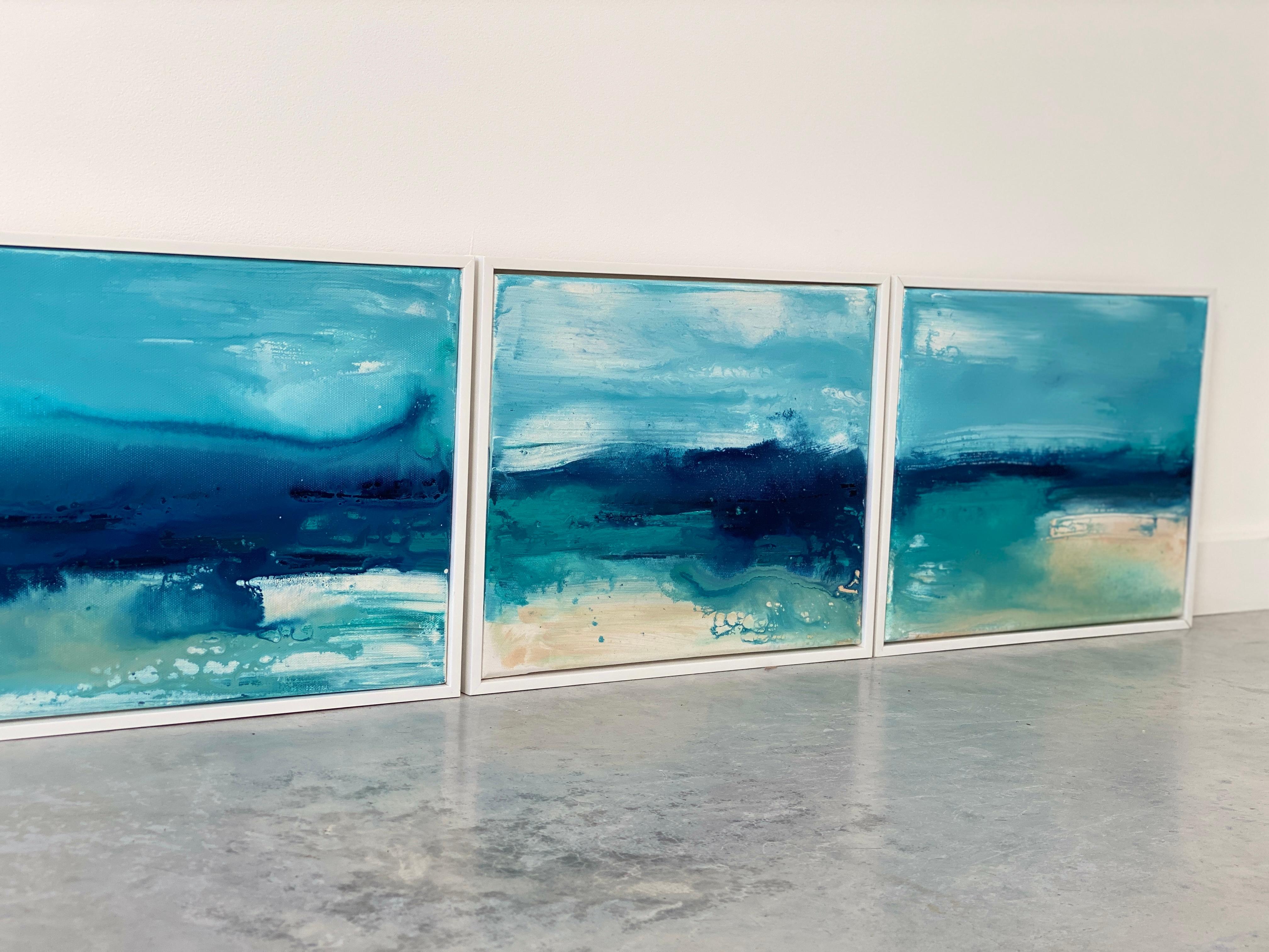 Lets Escape View no1  Paysage océanique abstrait impressionniste original encadré bleu en vente 4
