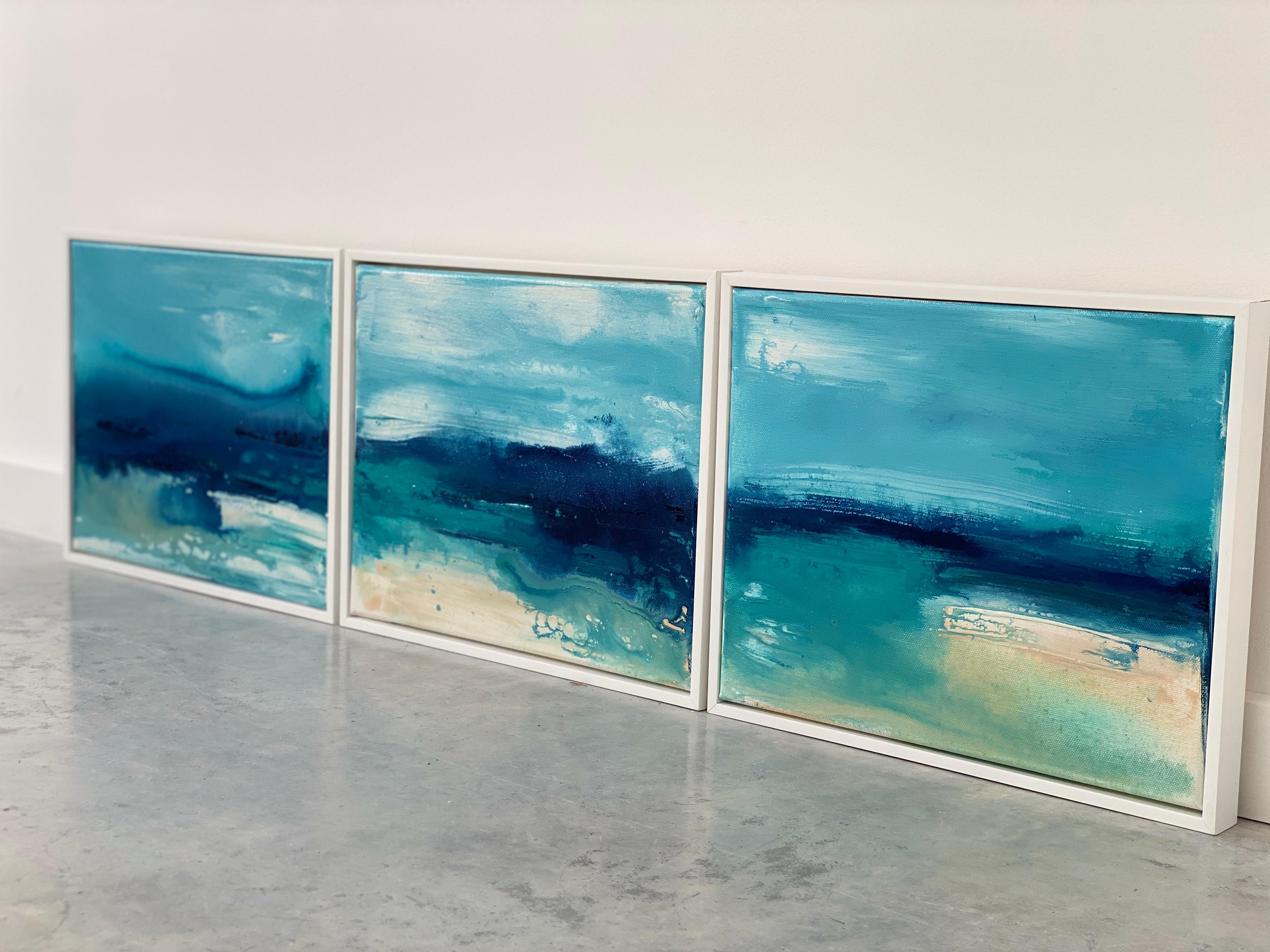 Lets Escape View no1  Paysage océanique abstrait impressionniste original encadré bleu en vente 5