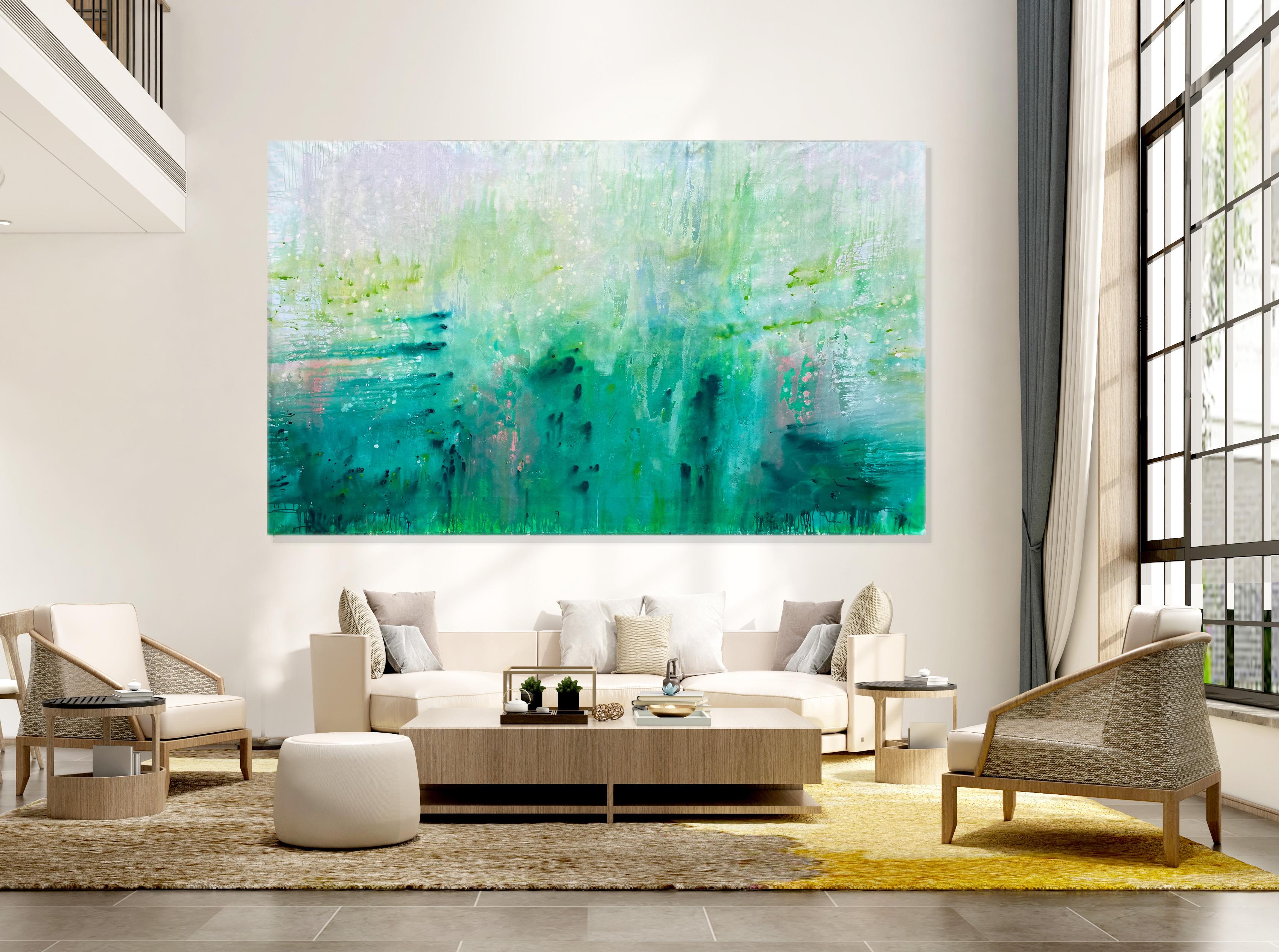 Love You More Than Life large statement art original abstract painting green - Painting by Kathleen Rhee