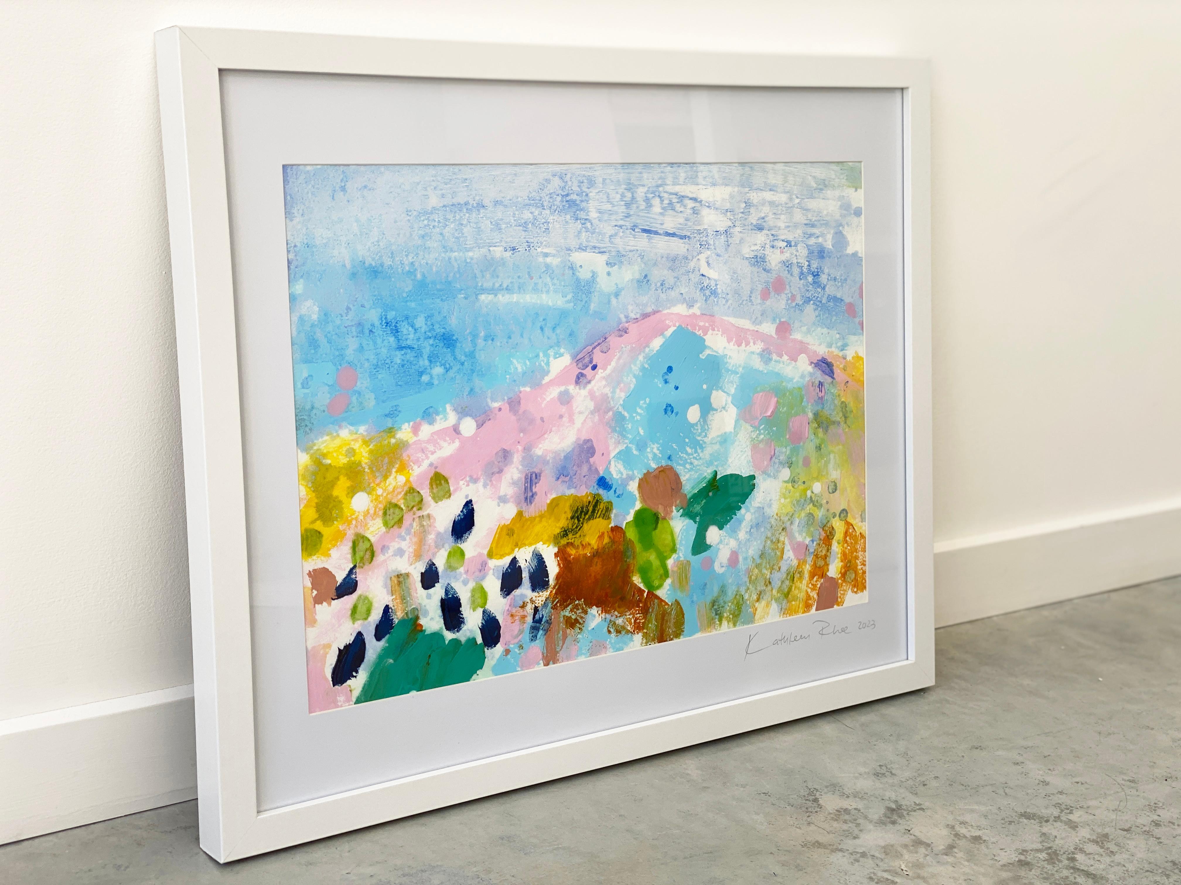 Matisse Mountains no1 abstract impressionist landscape in pastel colors on fine art paper, framed in white. A sweet happy original painting to add light and joy to any room or small wall space. Inspired by the Matisse pastel color palette, quiet