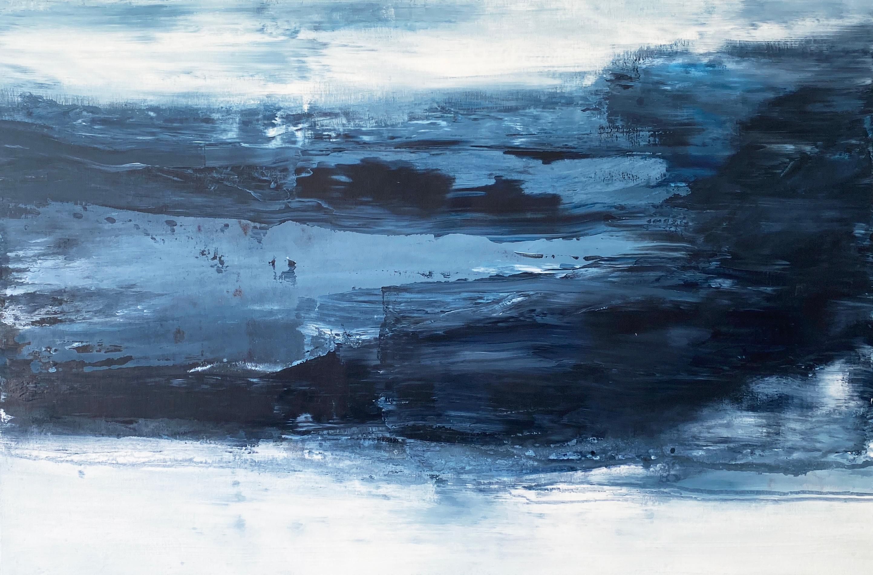 Abstract Painting Kathleen Rhee - Peinture impressionniste abstraite à grande échelle océanique bleu de la côte bleue de Miami