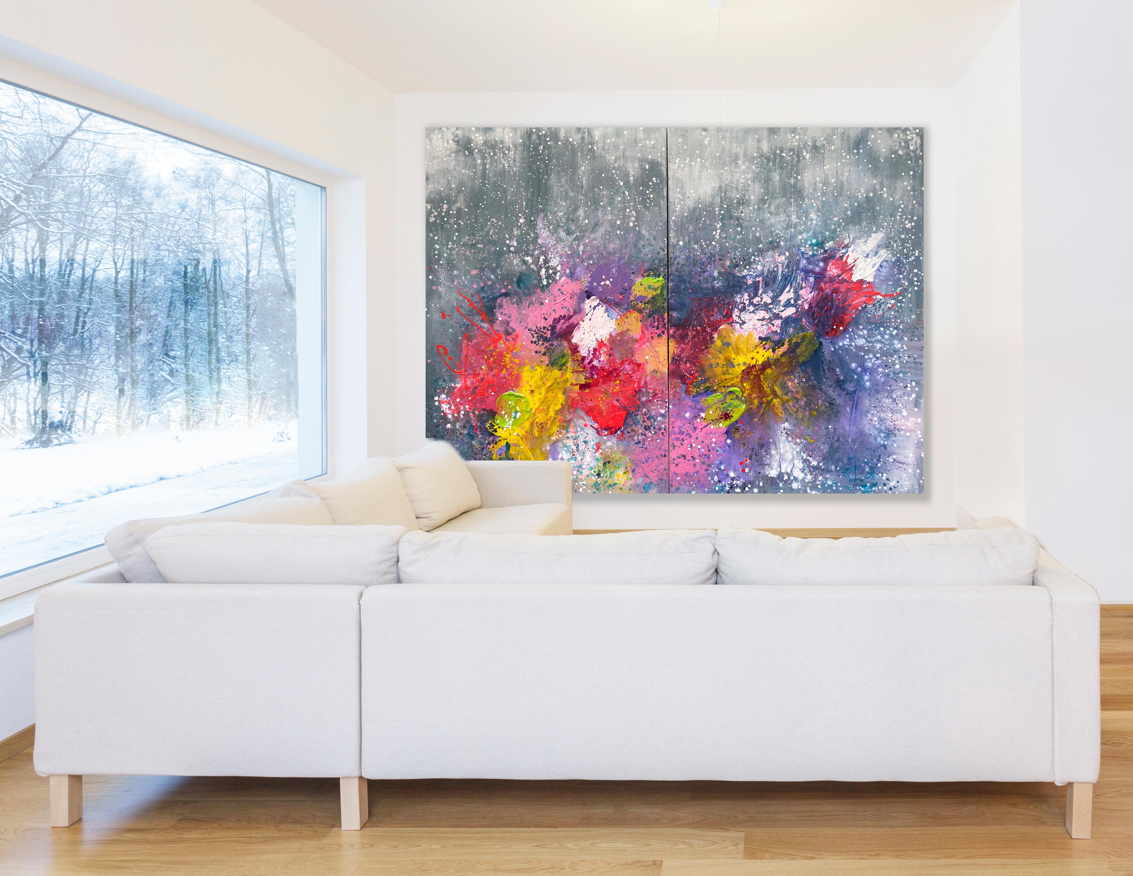 Midnight Blooms large scale double panel abstract expressionist painting rainbow For Sale 5