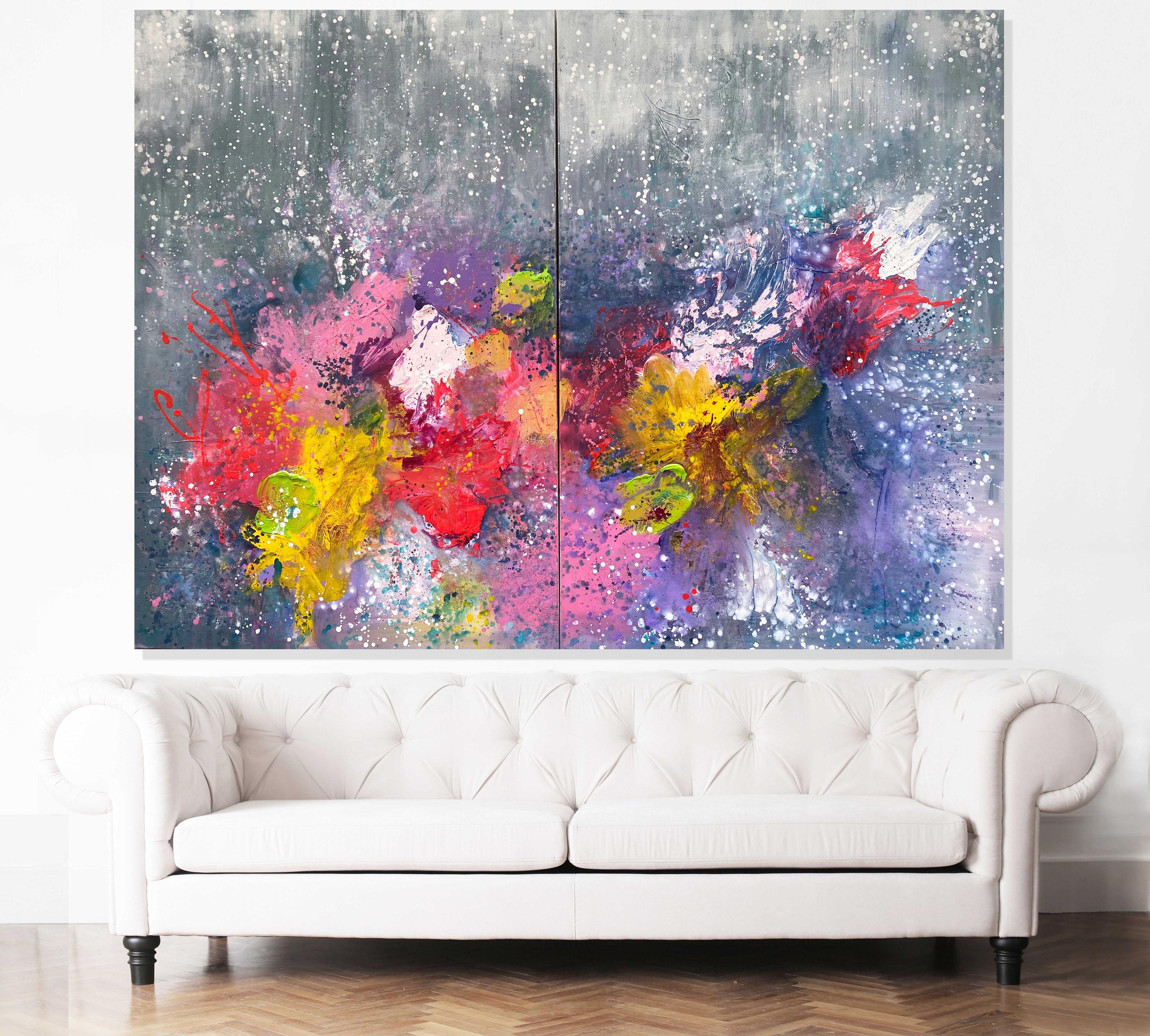 Midnight Blooms large scale double panel abstract expressionist painting rainbow - Painting by Kathleen Rhee