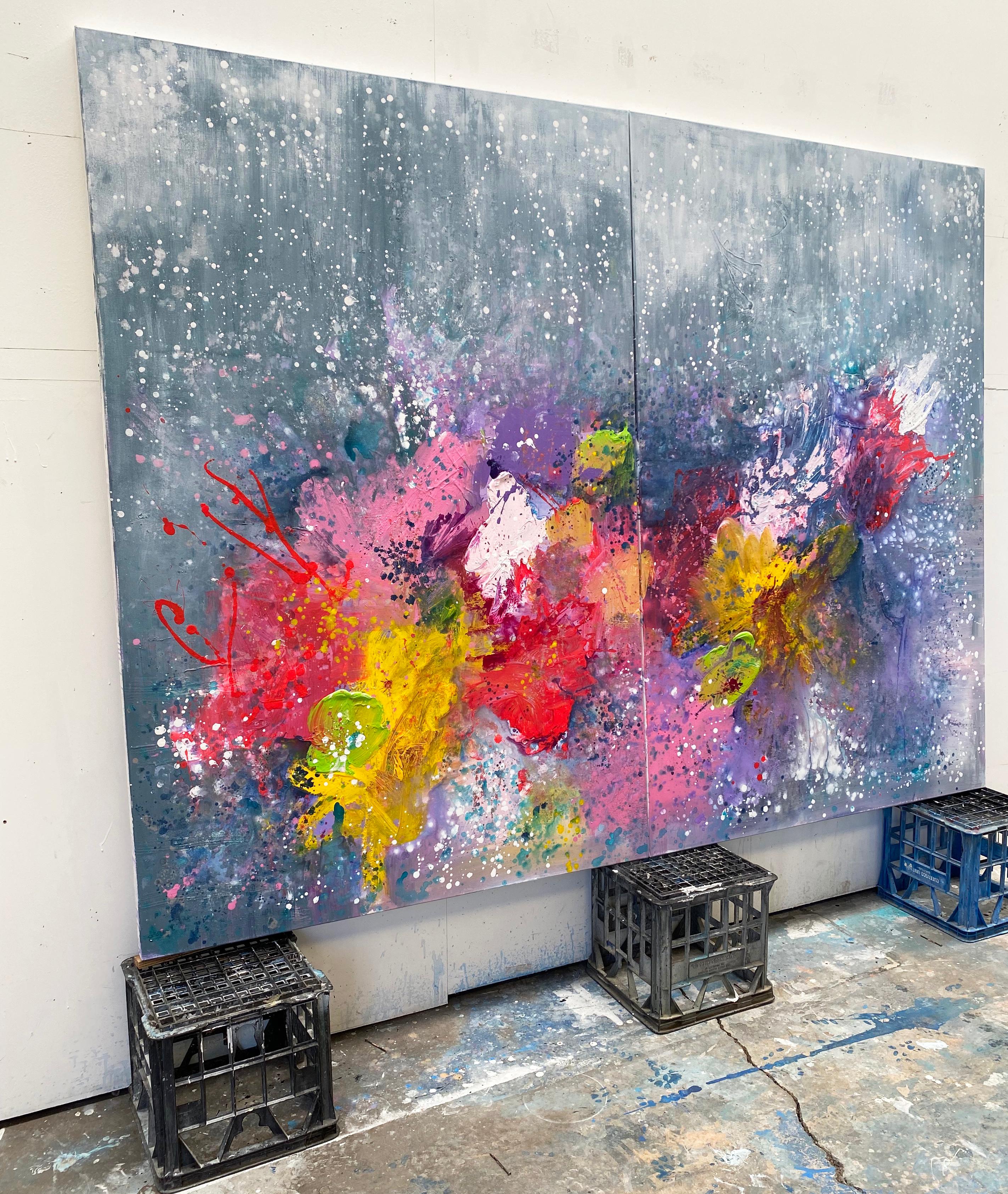 Midnight Blooms is from the Big is Beautiful Large Scale Abstract Diptych Collection
The perfect statement piece for that large blank dinning or living room wall, foyer or commercial space. 

Splashes, drips and spatters in vibrant bold colours,